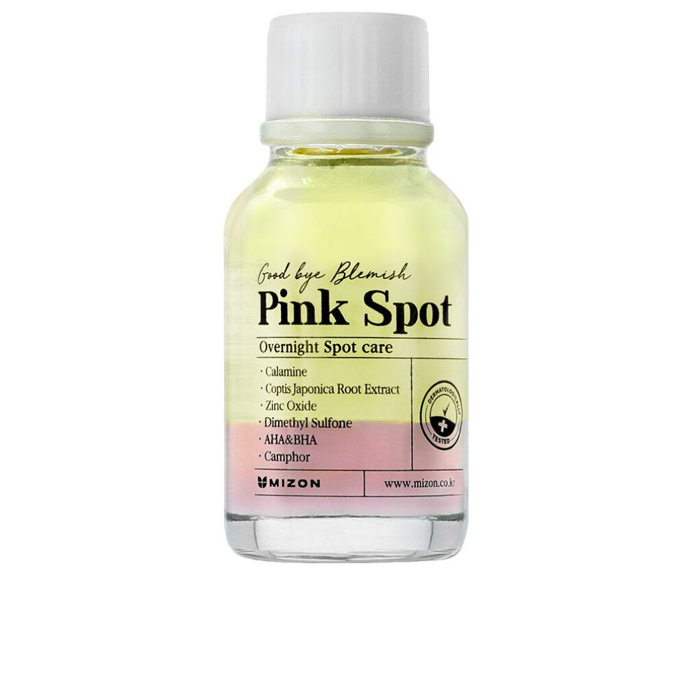 Klarflüssige Flasche mit weißem Deckel. Aufschrift: Good bye Blemish Pink Spot. Inhaltsstoffe aufgelistet. Marke: Mizon.