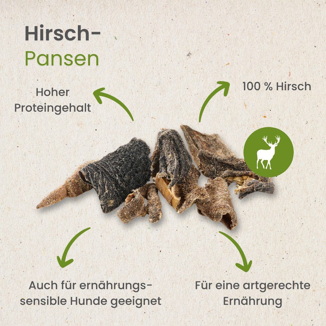 Hirsch-Pansen: 100% Hirsch, hoher Proteingehalt, für ernährungssensible Hunde.