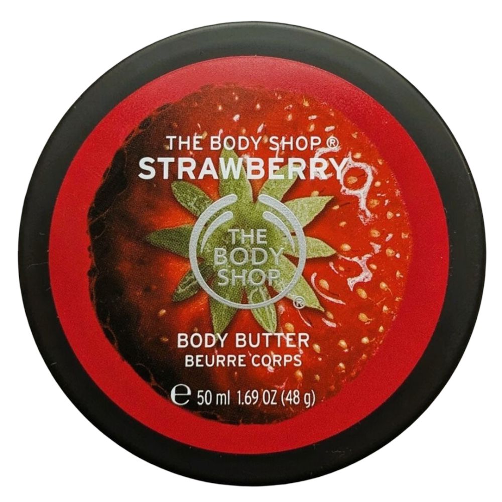 Runder Tiegel mit Erdbeermotiv und rotem Deckel. Text: The Body Shop, Strawberry, Body Butter, Beurre Corps.