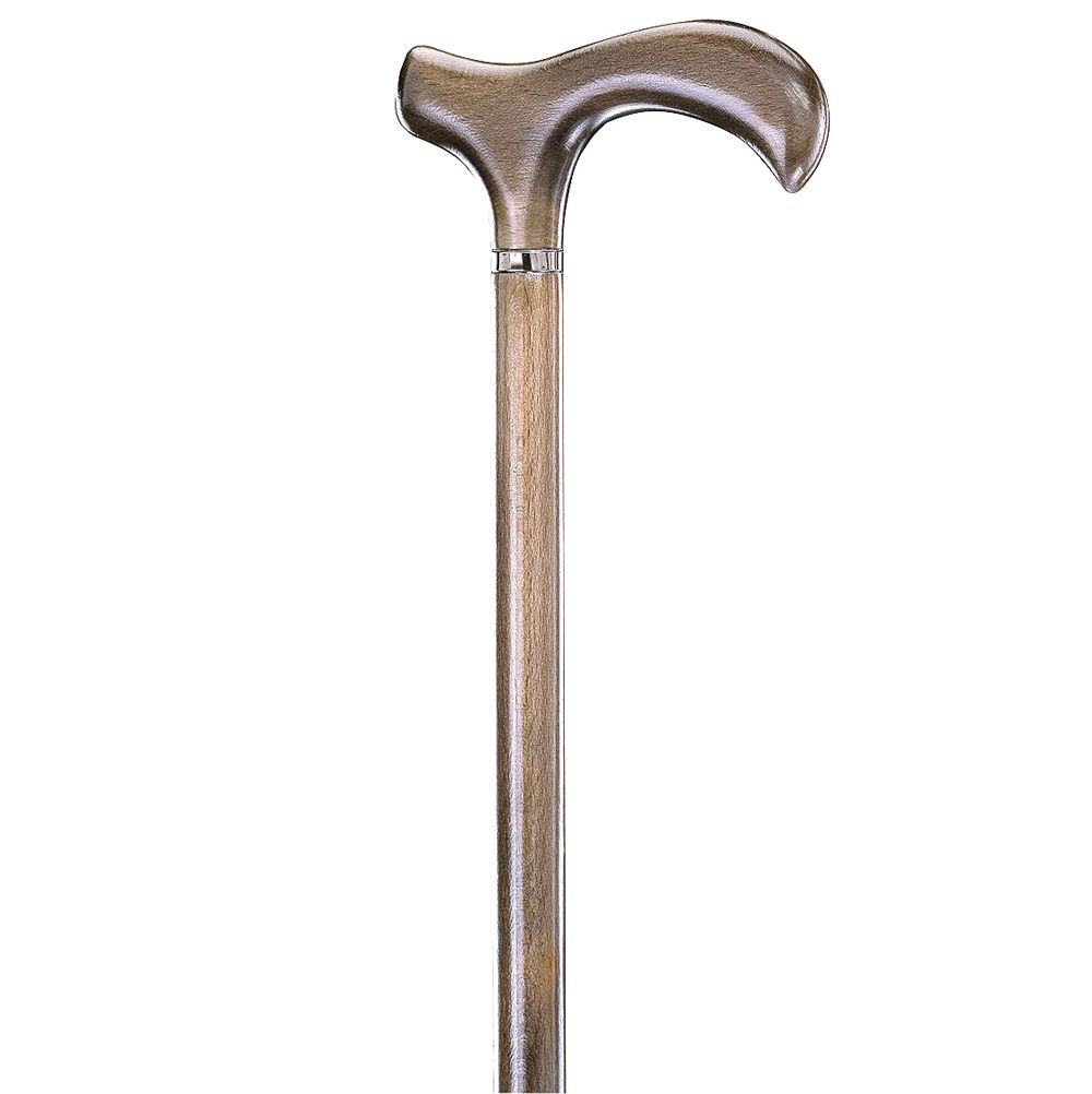 Gehstock mit gebogenem Griff und hellem Schaft. Der Griff und Schaft haben eine Holzmaserung. Ein silberner Ring verbindet Griff und Schaft.