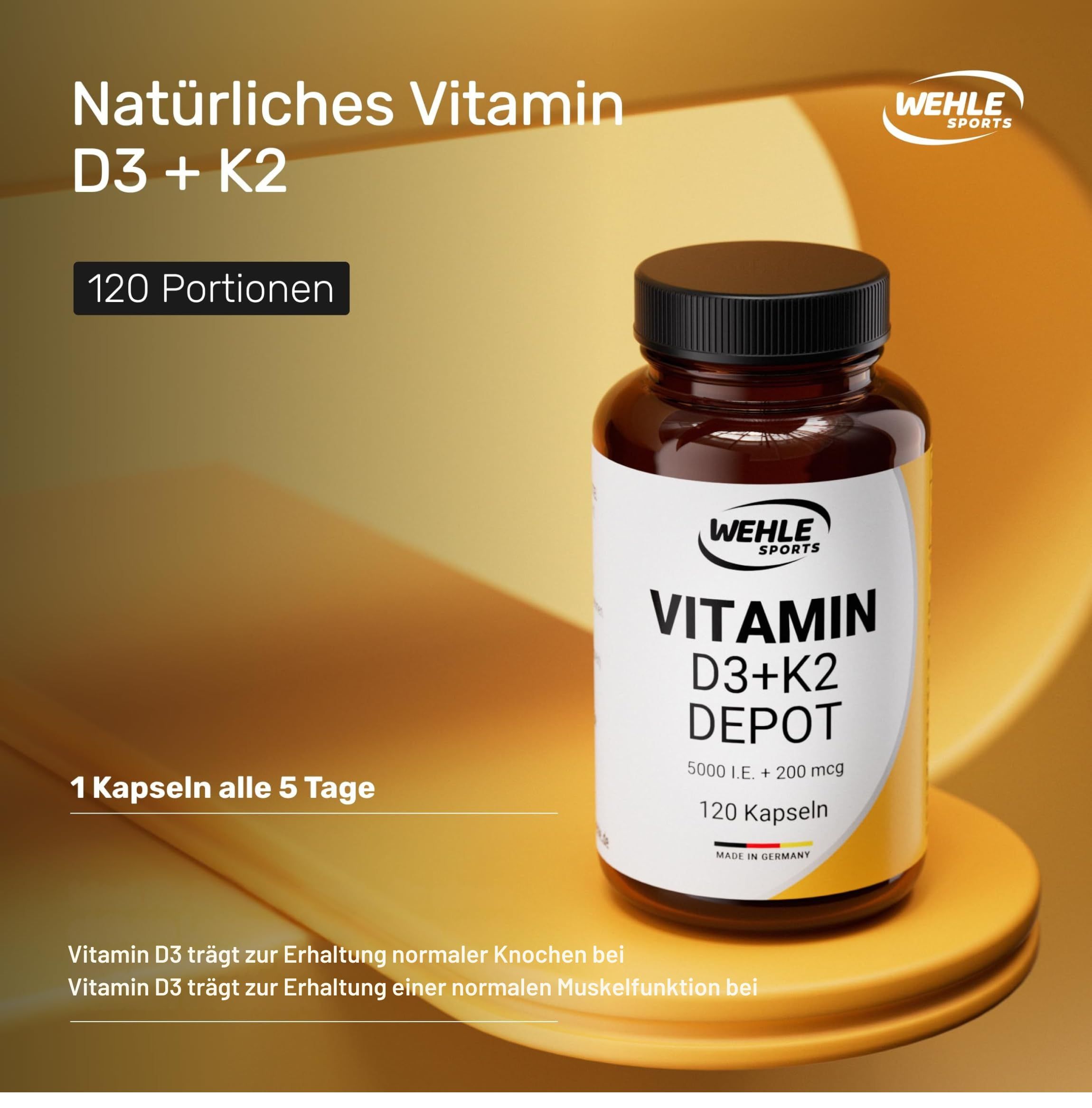Wehle Sports® Vitamin D3 K2 Kapseln - 5000 IE D3 & 200µg K2