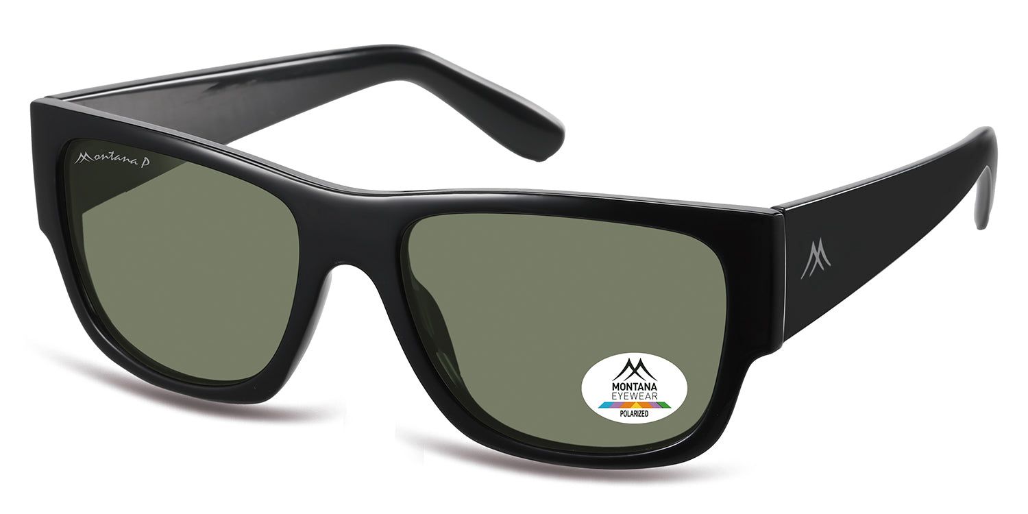 Schwarze Sonnenbrille mit grünen Gläsern. Montana Eyewear Logo und polarisiertes Siegel. Seitliche Ansicht.