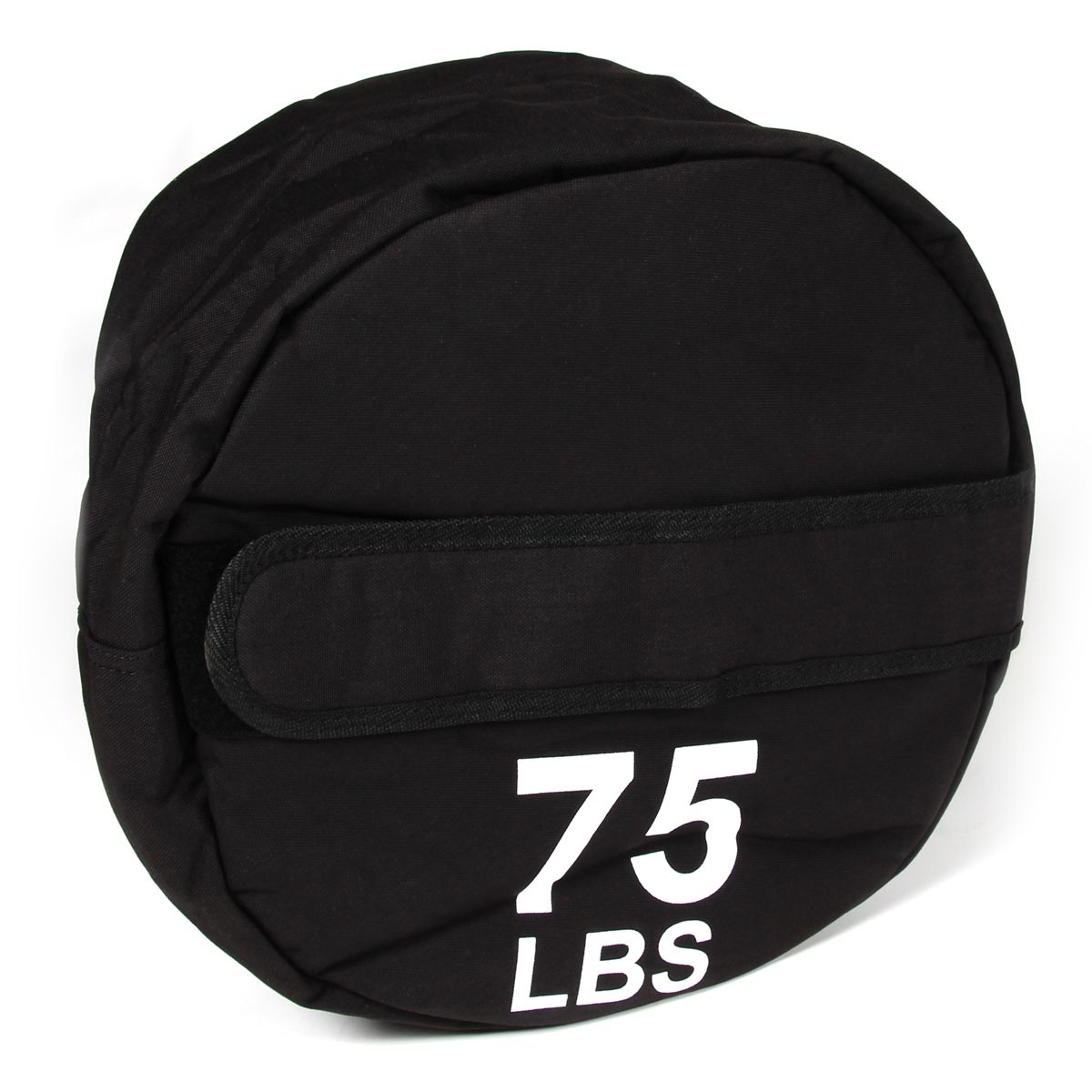 Schwarze, runde Tasche mit Klettverschluss. Aufgedruckt: 75 LBS. Fitness-Produkt.