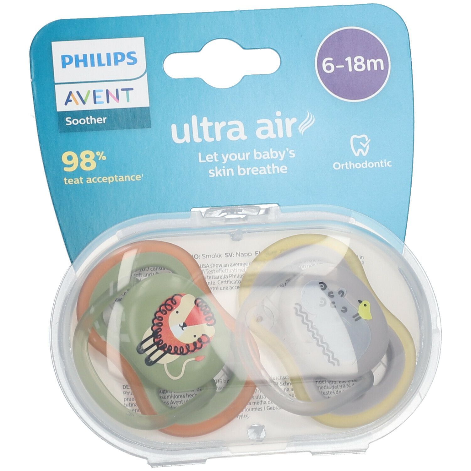 PHILIPS Avent Ultra Air Schnuller 6-18 Monate, Löwe/ Nilpferd