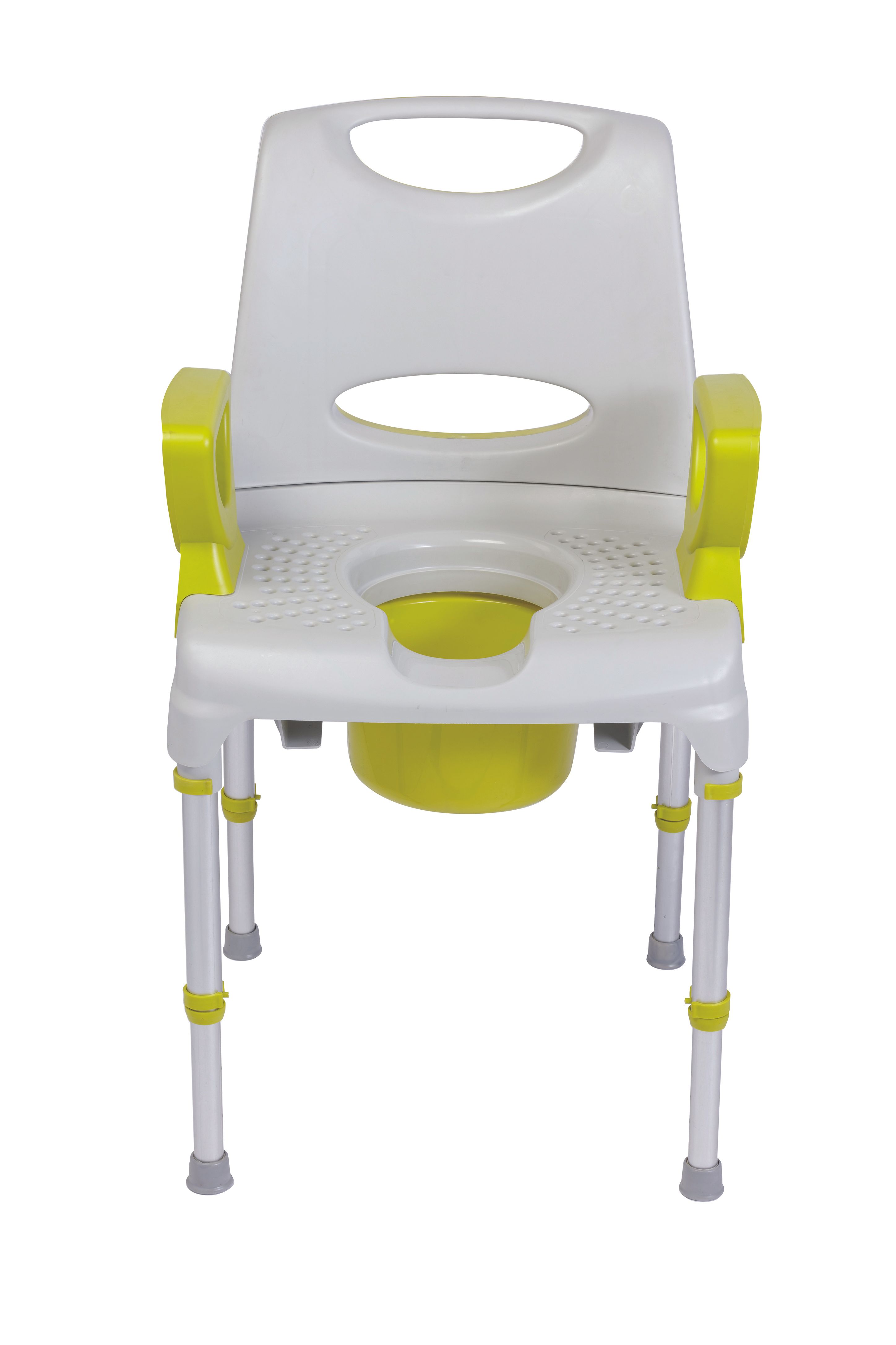 Dusch- und Toilettenstuhl mit weißem Sitz und Rückenlehne, gelben Armlehnen und Beinen. Mit gelbem Eimer.