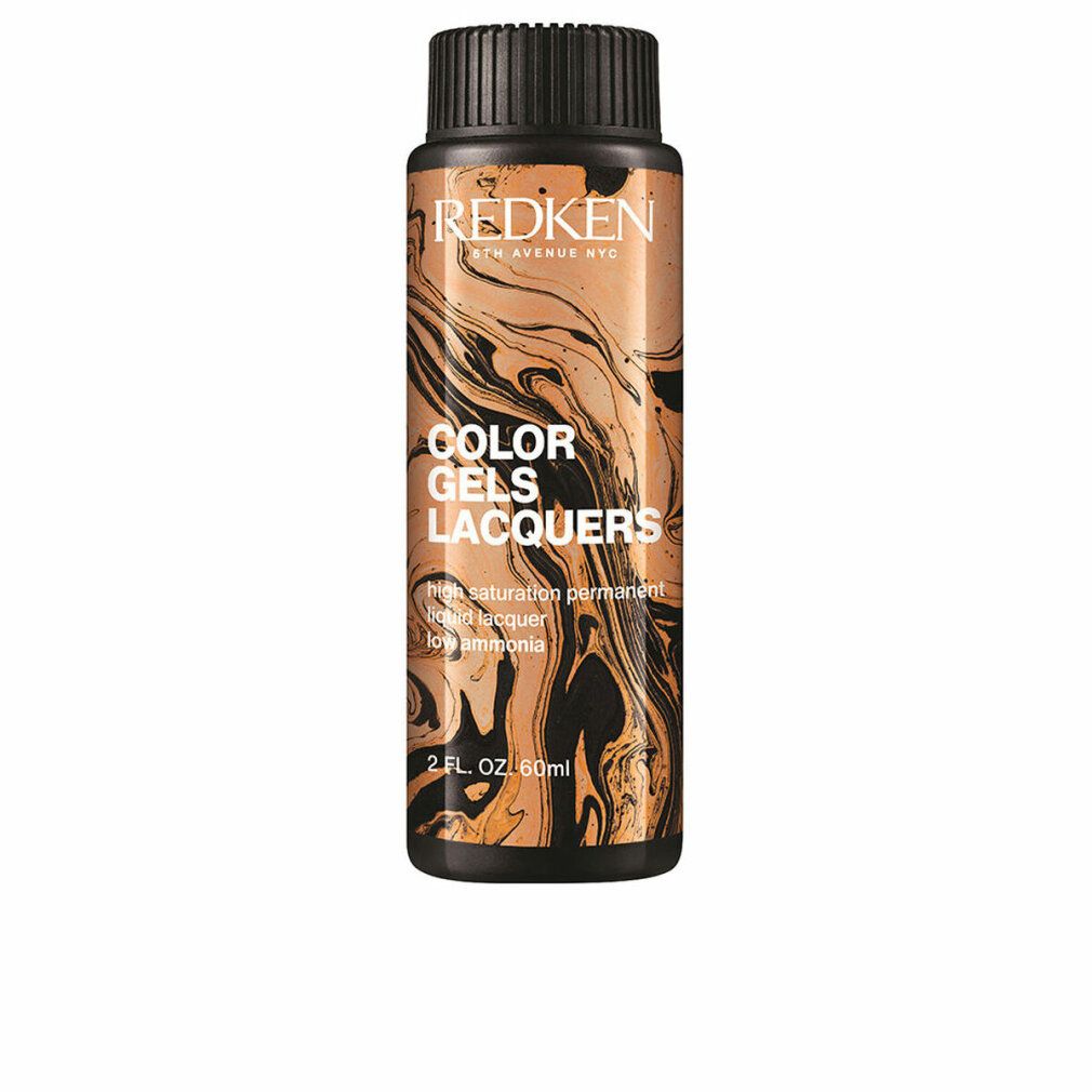 Flasche mit schwarzem Deckel. Aufschrift: REDKEN, COLOR GELS LACQUERS. Flüssigkeit mit braun-schwarzem Muster. 2 FL. OZ. 60ml.