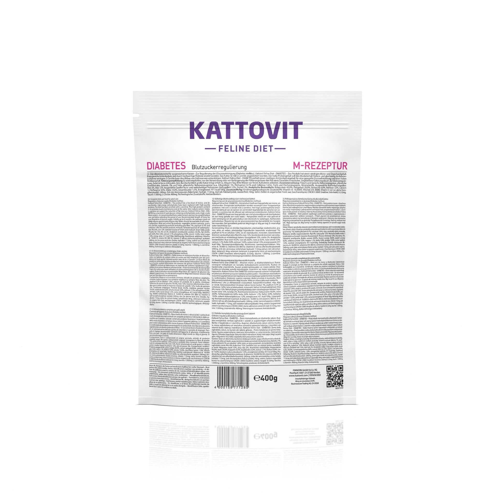 Kattovit Feline Diet Diabetes M-Rezeptur 400g Beutel, Seitenansicht.