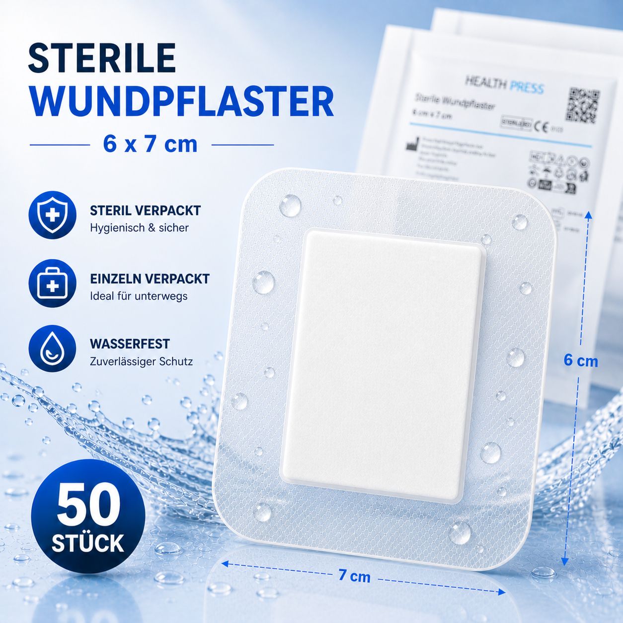 Steriles wasserfestes Wundpflaster 6x7 cm, einzeln verpackt, 50 Stück.