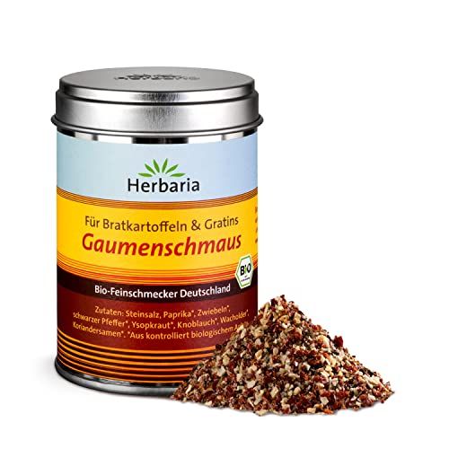 Herbaria Gaumenschmaus Bratkartoffelgewürz in aromaschutzdose mit Gewürzprobe.