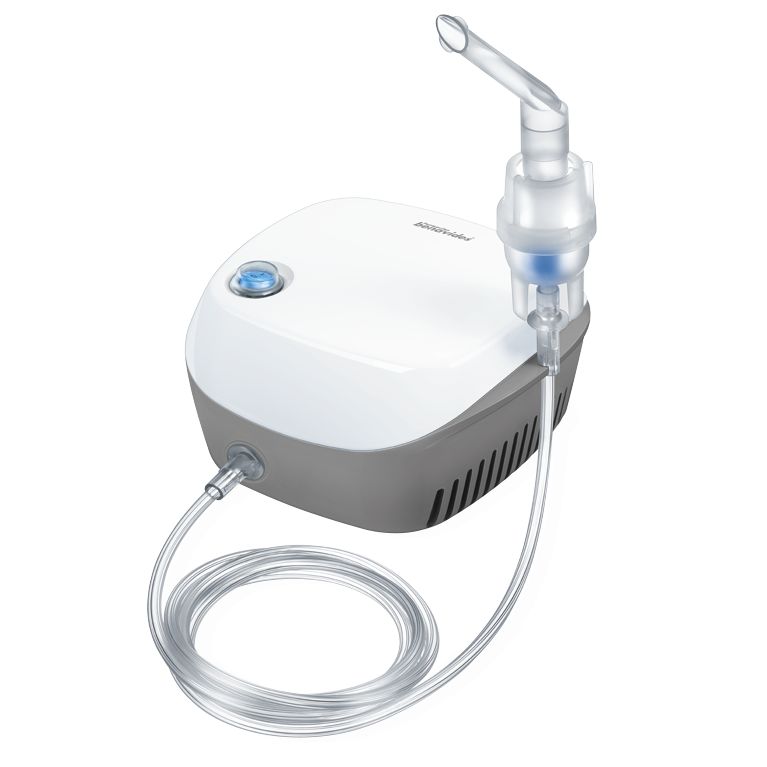 Inhalationsgerät mit Maske und Schlauch. Gerät ist weiß-grau.