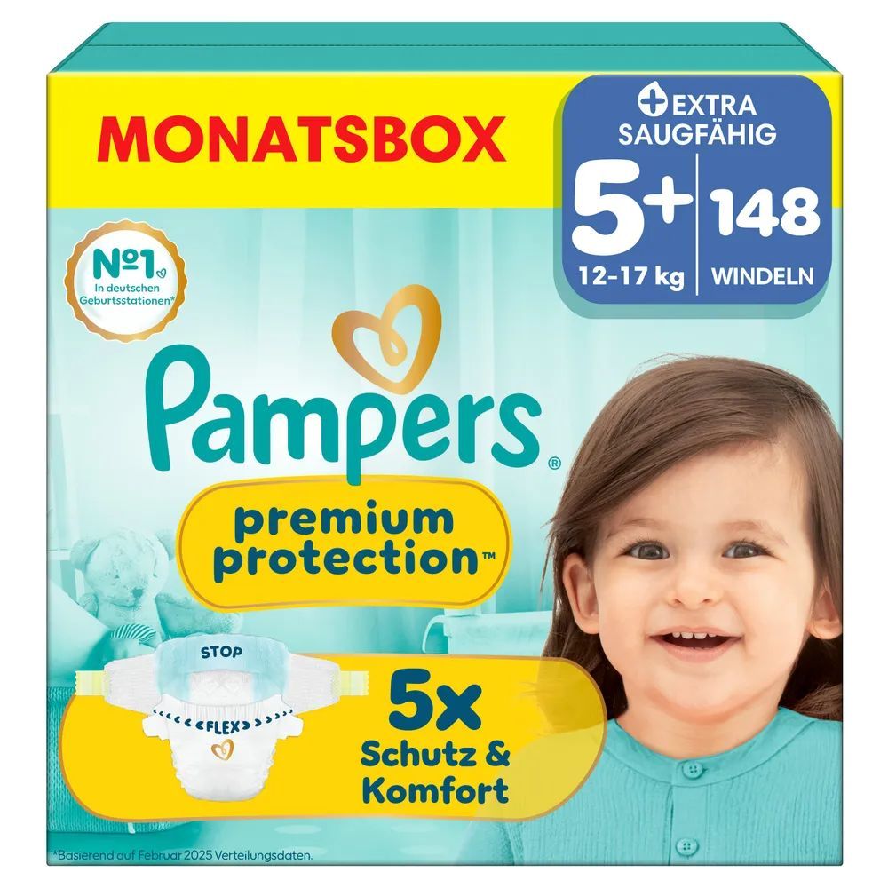 Pampers Premium Protection Gr.5+ Junior Plus 12-17kg Windeln Monatsbox 148 St