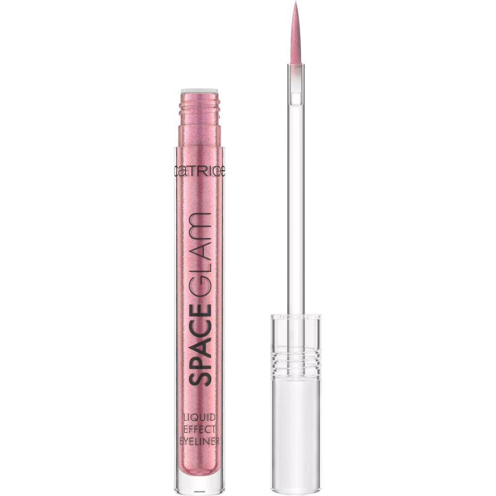 Flüssiger Eyeliner Space Glam Effekt, rosa. Flasche geöffnet, Applikator sichtbar. Schriftzug SPACE GLAM und LIQUID EFFECT EYELINER.