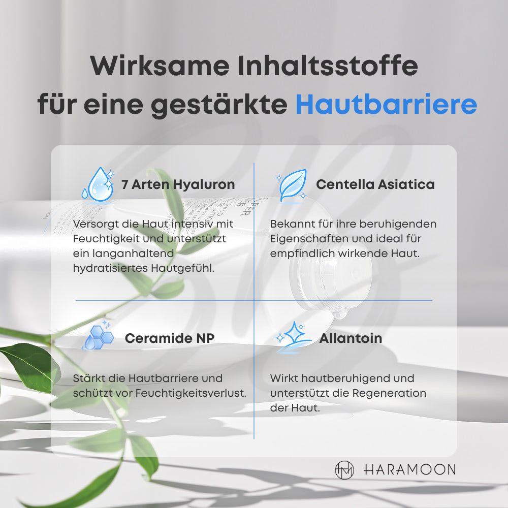 Grafik mit Inhaltsstoffen. Enthält Informationen über Hyaluron, Ceramide, Centella Asiatica und Allantoin.