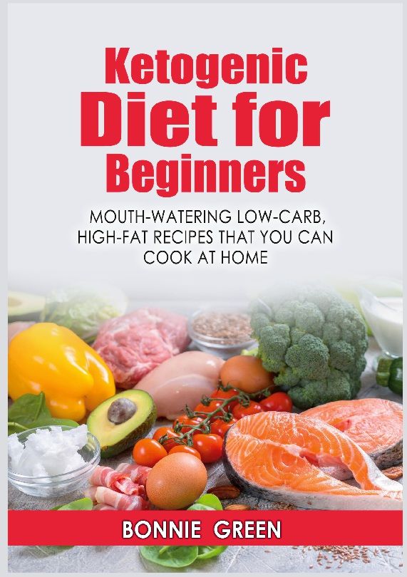 Buchcover mit Titel "Ketogenic Diet for Beginners". Enthält Abbildung von Lebensmitteln wie Gemüse, Fisch und Fleisch.