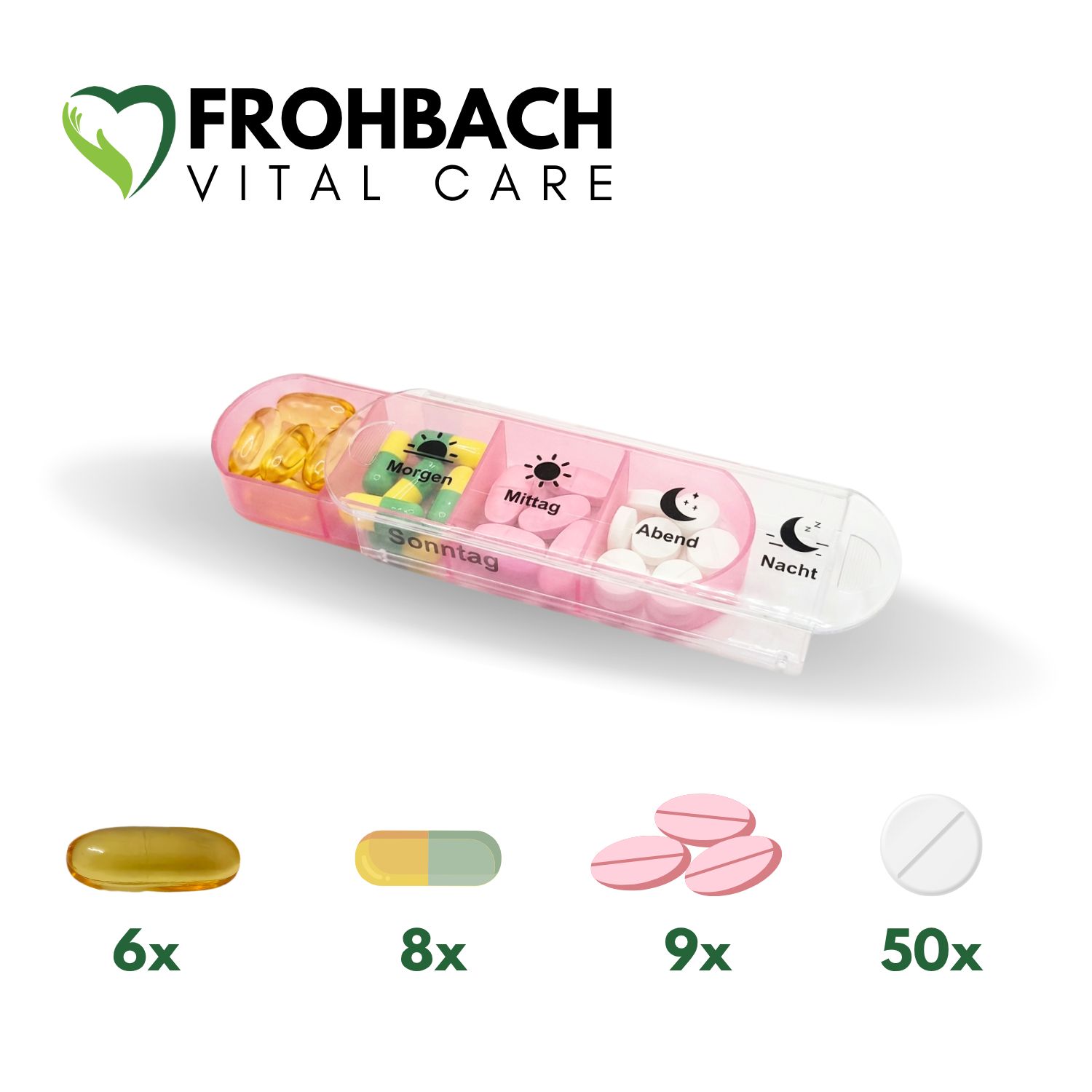 Pinke Pillenbox mit Tabletten. 6x Kapseln, 8x gelb-grüne Tabletten, 9x rosa Tabletten, 50x weiße Tabletten.