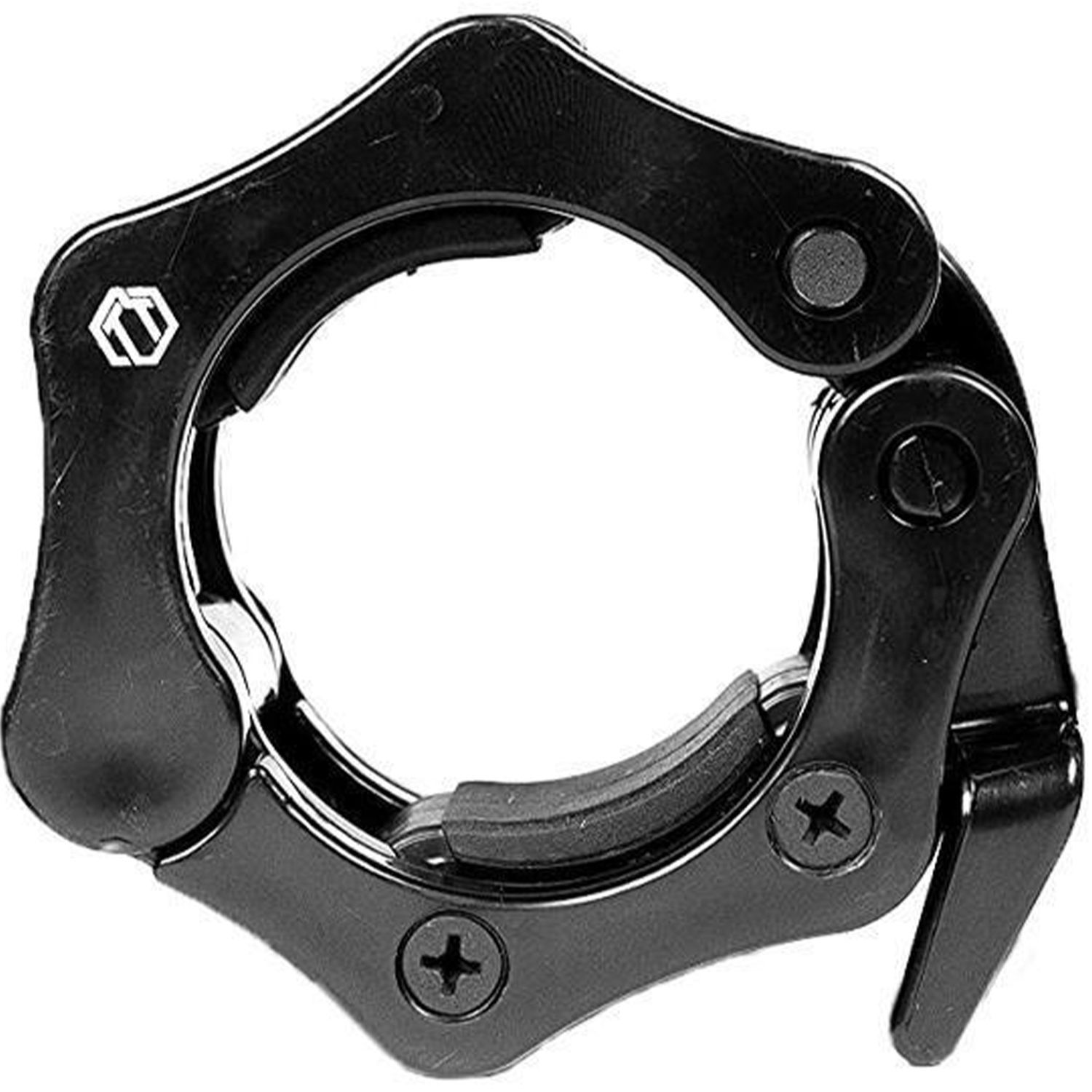 Schwarze Schnellverschluss-Klemme für Hantelstangen. Kunststoff, mit Logo. Geschlossen, Detailansicht.