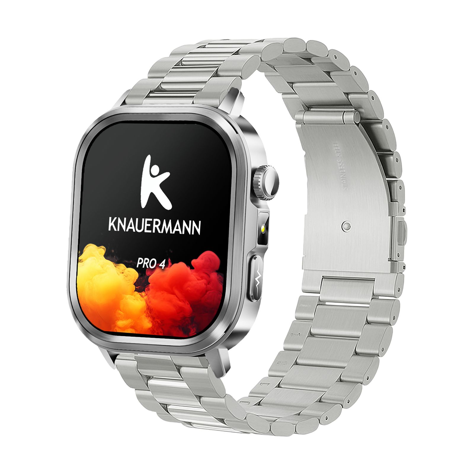 Silberne Smartwatch mit Metallarmband. Auf dem Display: Knauermann PRO 4, Logo und farbiger Hintergrund. Seitliche Knöpfe.