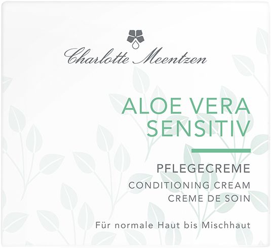 Produktverpackung mit Text: Charlotte Meentzen, Aloe Vera Sensitiv Pflegecreme. Grün-weiße Farbgebung, floralem Muster.