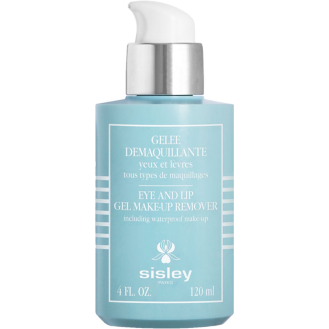 Hellblaues Sisley-Produkt mit silbernem Pumpkopf. Aufschrift: Gelee Demaquillante Yeux et Levres. 120 ml.