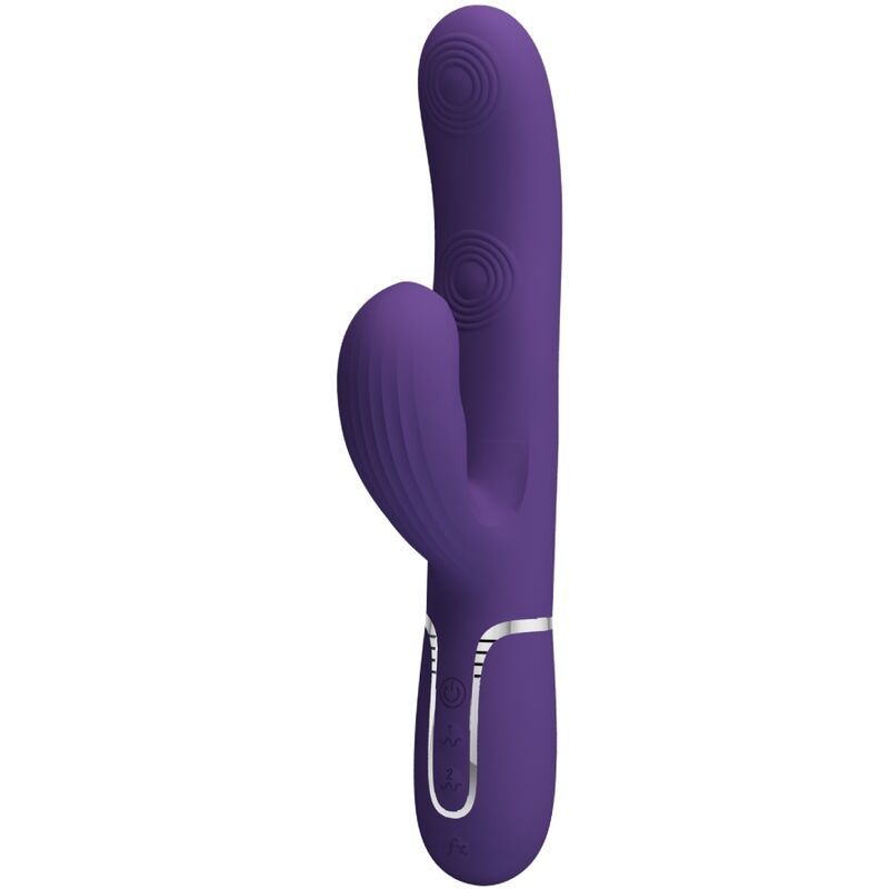 Lila Vibrator mit gebogener Form und geriffelter Spitze. Mit Bedienknöpfen und silberner Zierleiste.