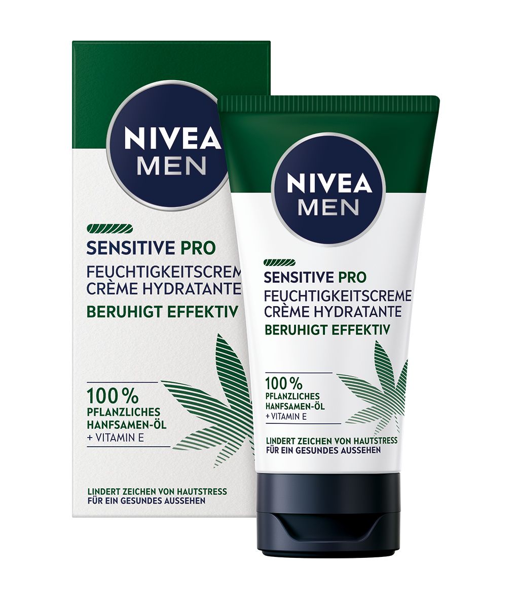 NIVEA MEN Sensitive Pro Feuchtigkeitscreme und Verpackung. Grün-weiß, Hanfblatt-Design, Produktname.