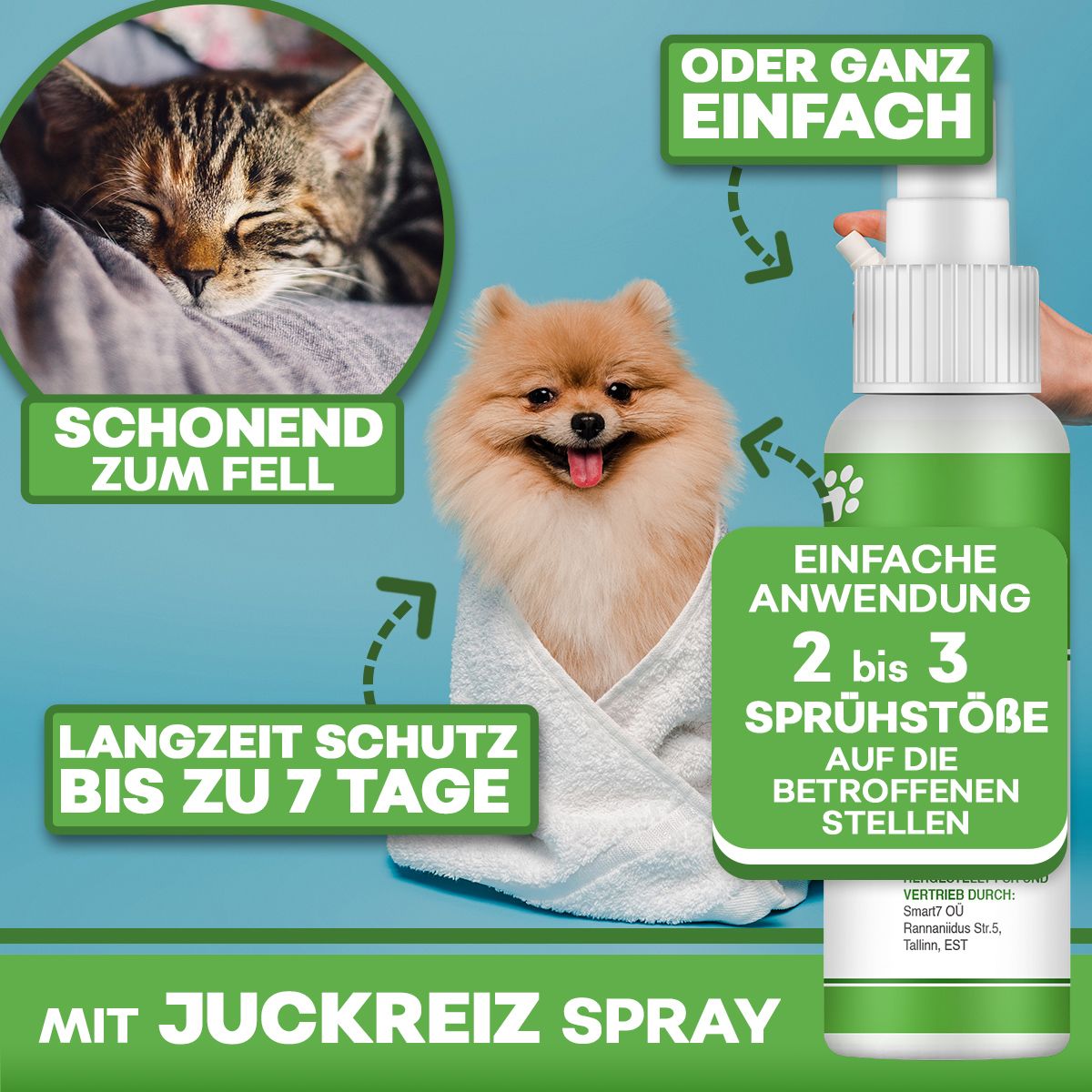 Sprayflasche mit grünem Etikett. Text: HELLO ANIMAL, Juckreiz Spray. Bilder: Katze, Hund. Zusätzlicher Text.