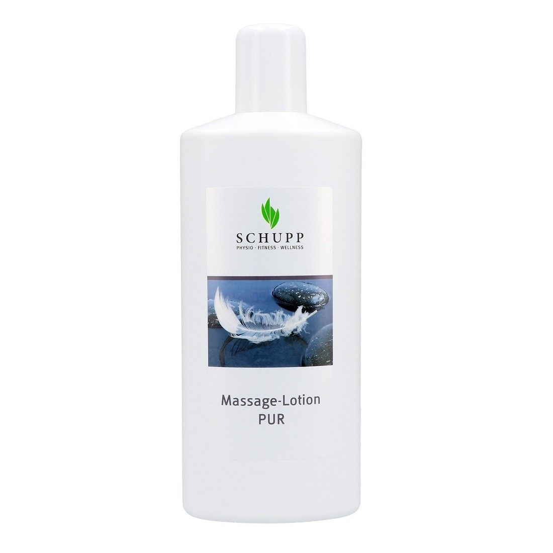 Weiße Flasche mit Etikett. Etikett mit Logo, Text und Abbildung von Steinen. Text: Massage-Lotion PUR.