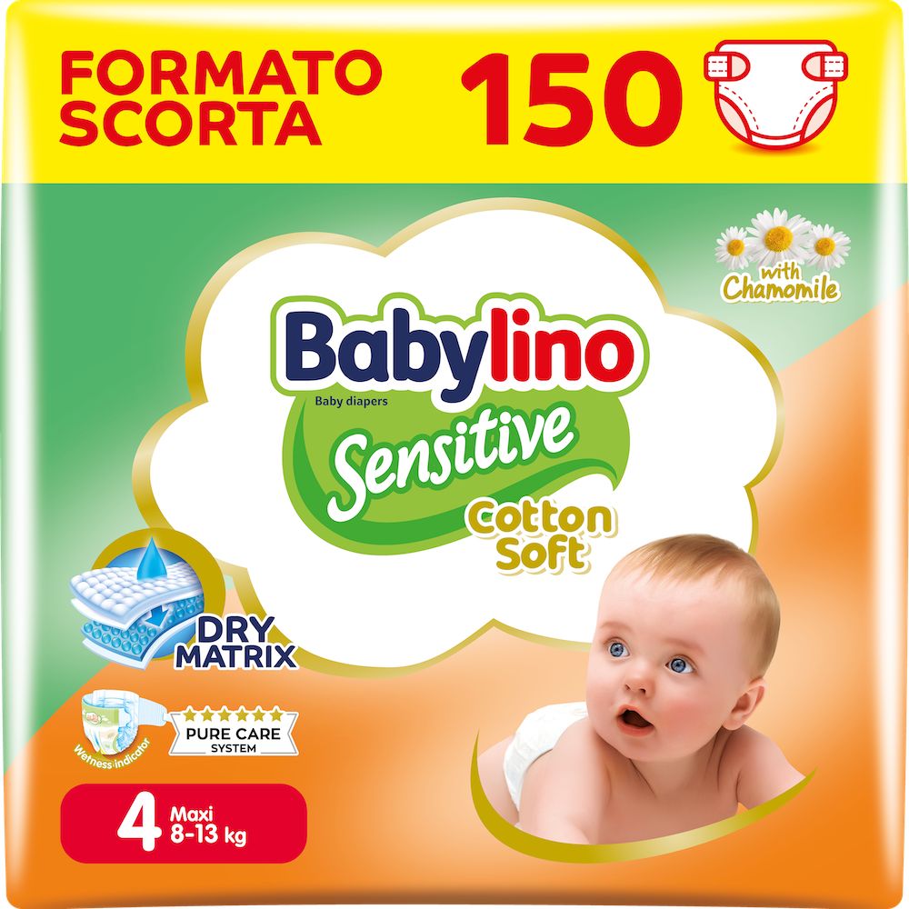 Babylino Sensitive Cotton Soft, Pannolini Taglia 4, Maxi (8-13kg), 150 Unità