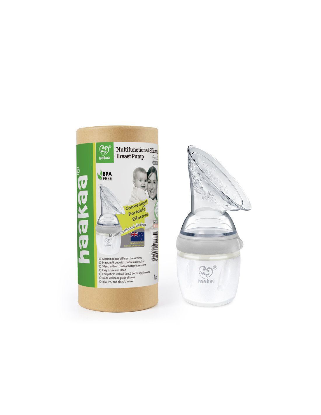 Milchpumpe neben zylindrischer Verpackung. Verpackung mit Produktabbildung und Text. Haakaa-Logo sichtbar.