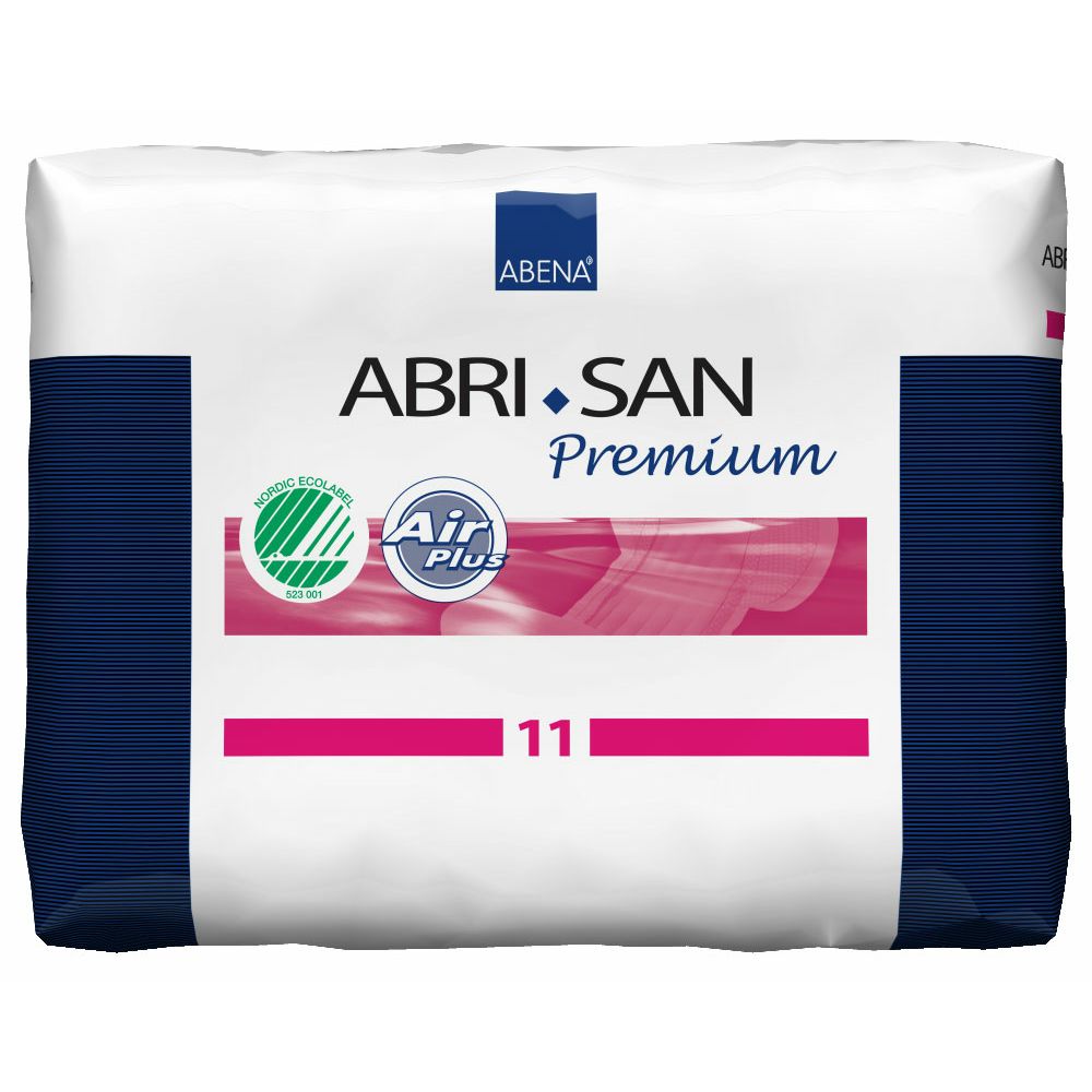 Abena Abri-San Premium Vorlagen 11. Verpackung mit Logo, Produktbezeichnung, Nordic Ecolabel und Air Plus. Rosa Streifen mit '11'.