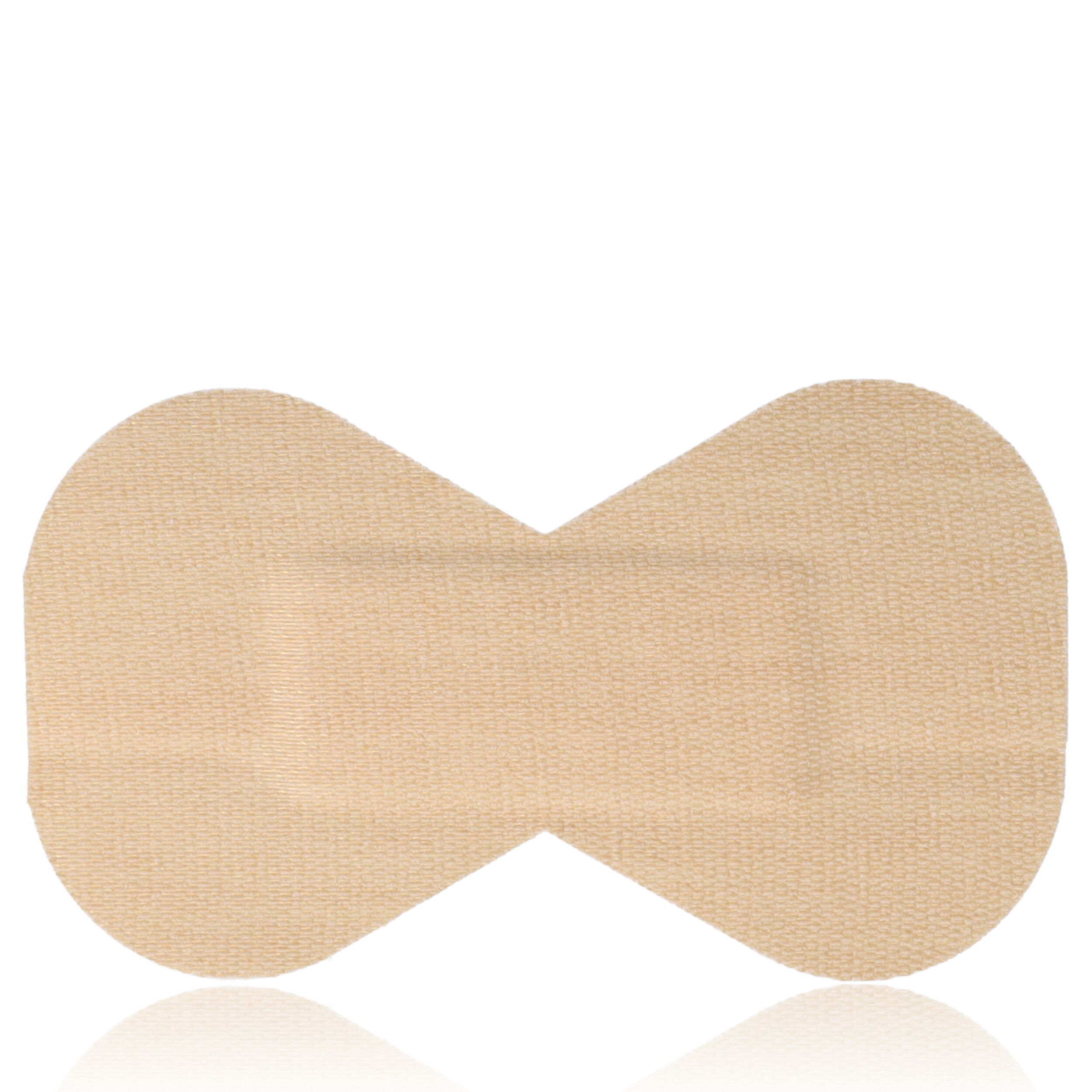Fingerkuppenverband, beige, in Schmetterlingsform. Rechteckige Klebefläche in der Mitte, abgerundete Enden.