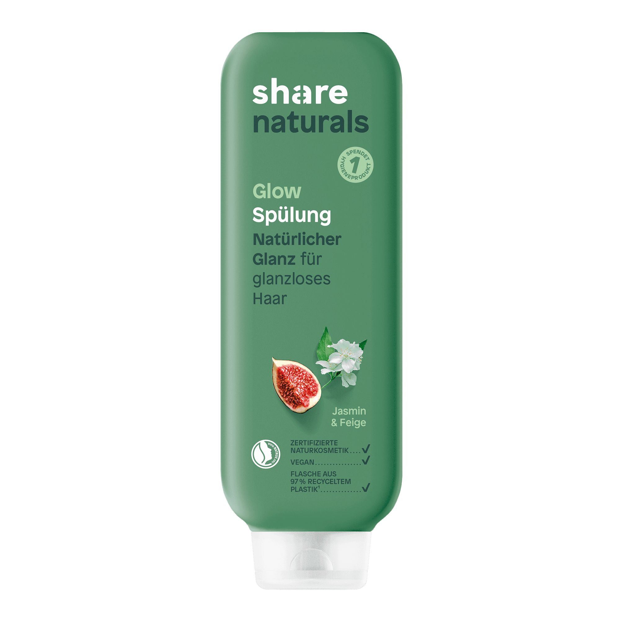 Grüne Flasche mit Produktetikett. Text: share naturals, Glow Spülung, Jasmin & Feige. Siegel: Vegan, Flasche aus 97% recyceltem Plastik.