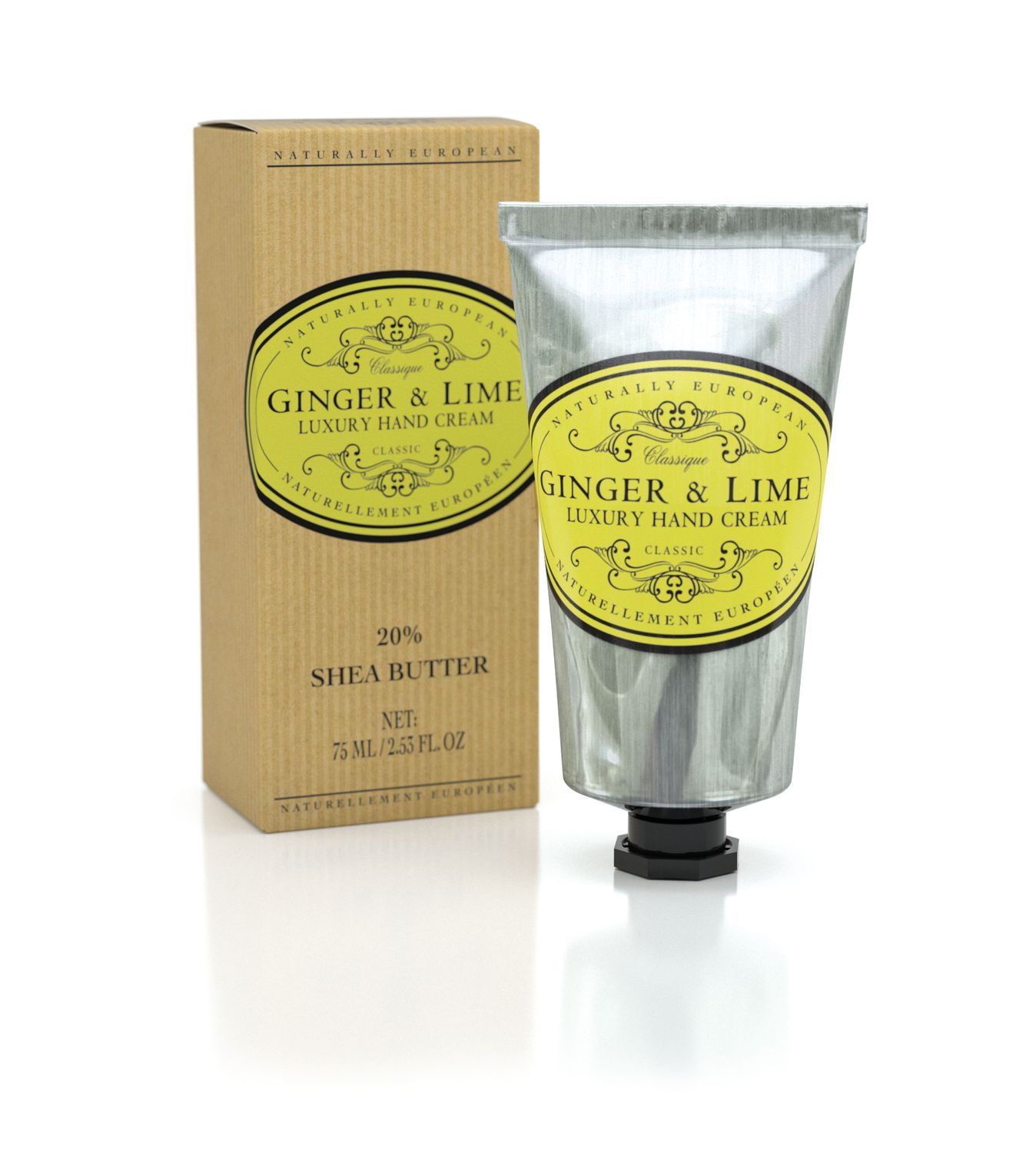 Handcreme-Tube und Karton. Aufschrift: Ginger & Lime, 20% Shea Butter. Silberne Tube, brauner Karton. Produktverpackung.