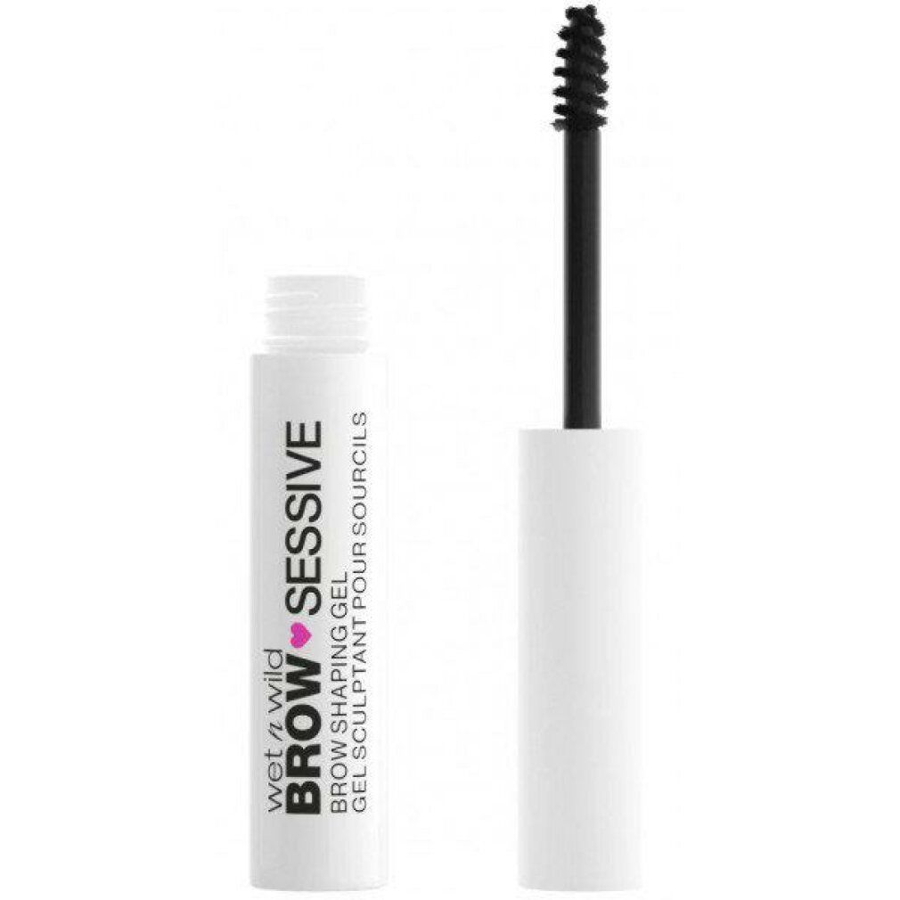 Weißer Behälter mit schwarzer Schrift: Brow Sessive Brow Shaping Gel. Schwarze Bürste mit spiralförmigen Borsten.