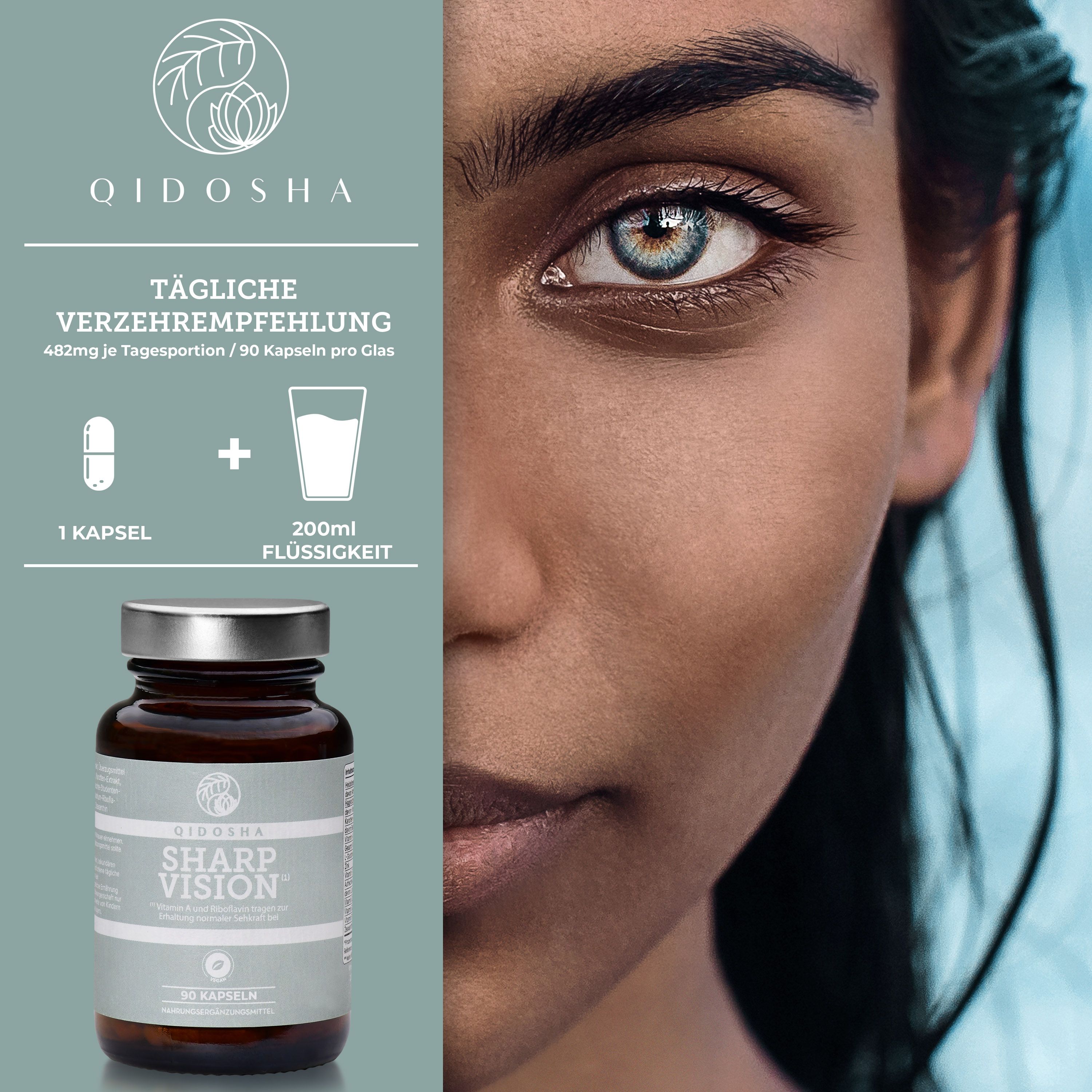 Produktflasche neben Gesicht einer Frau. Tägliche Verzehrempfehlung: 1 Kapsel + 200ml Flüssigkeit. Produktname und 90 Kapseln.