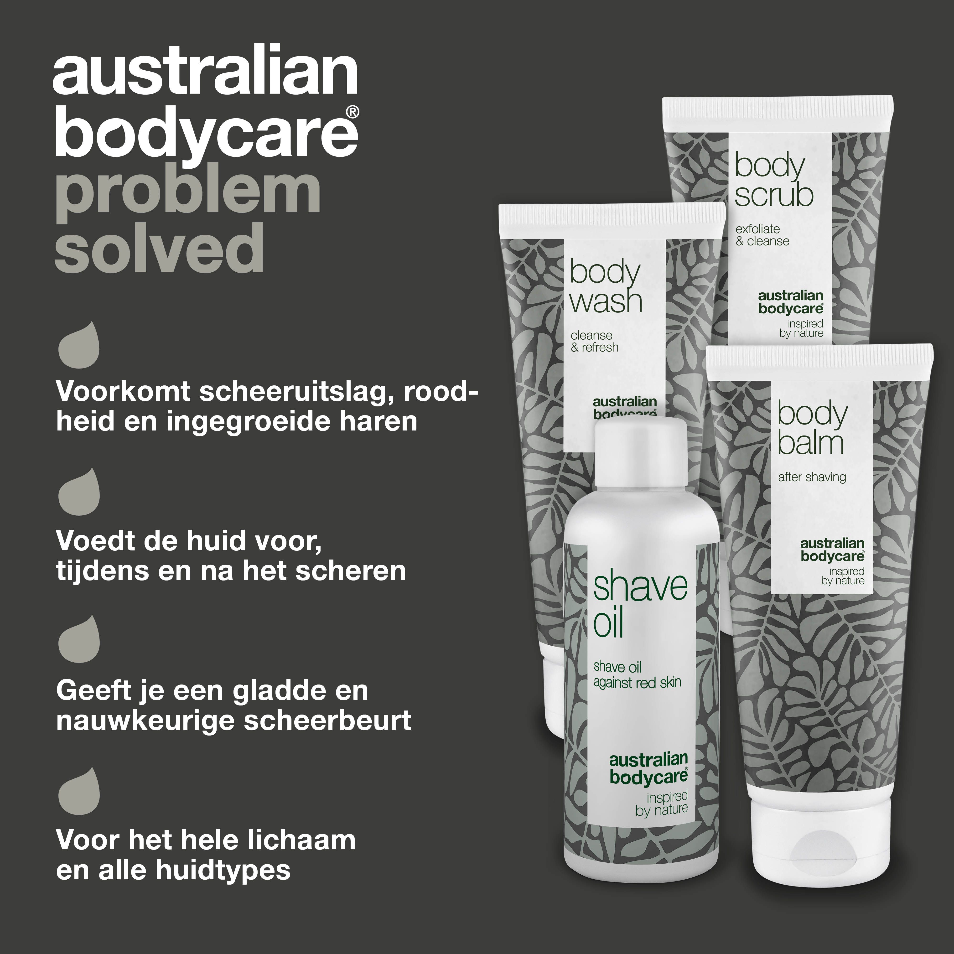 Productset: Body Wash, Body Scrub, Body Balm en Shave Oil. Tekst: Voorkomt scheeruitslag, roodheid en ingegroeide haren.