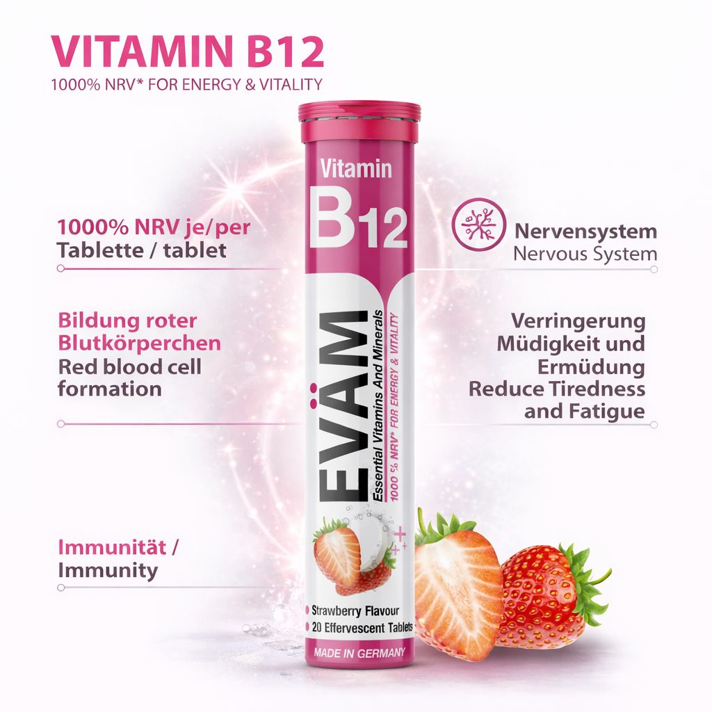 EVÄM Vitamin B12 Brausetabletten. 20 Tabletten. Für Energie, Nervensystem, Immunität. Erdbeeren.