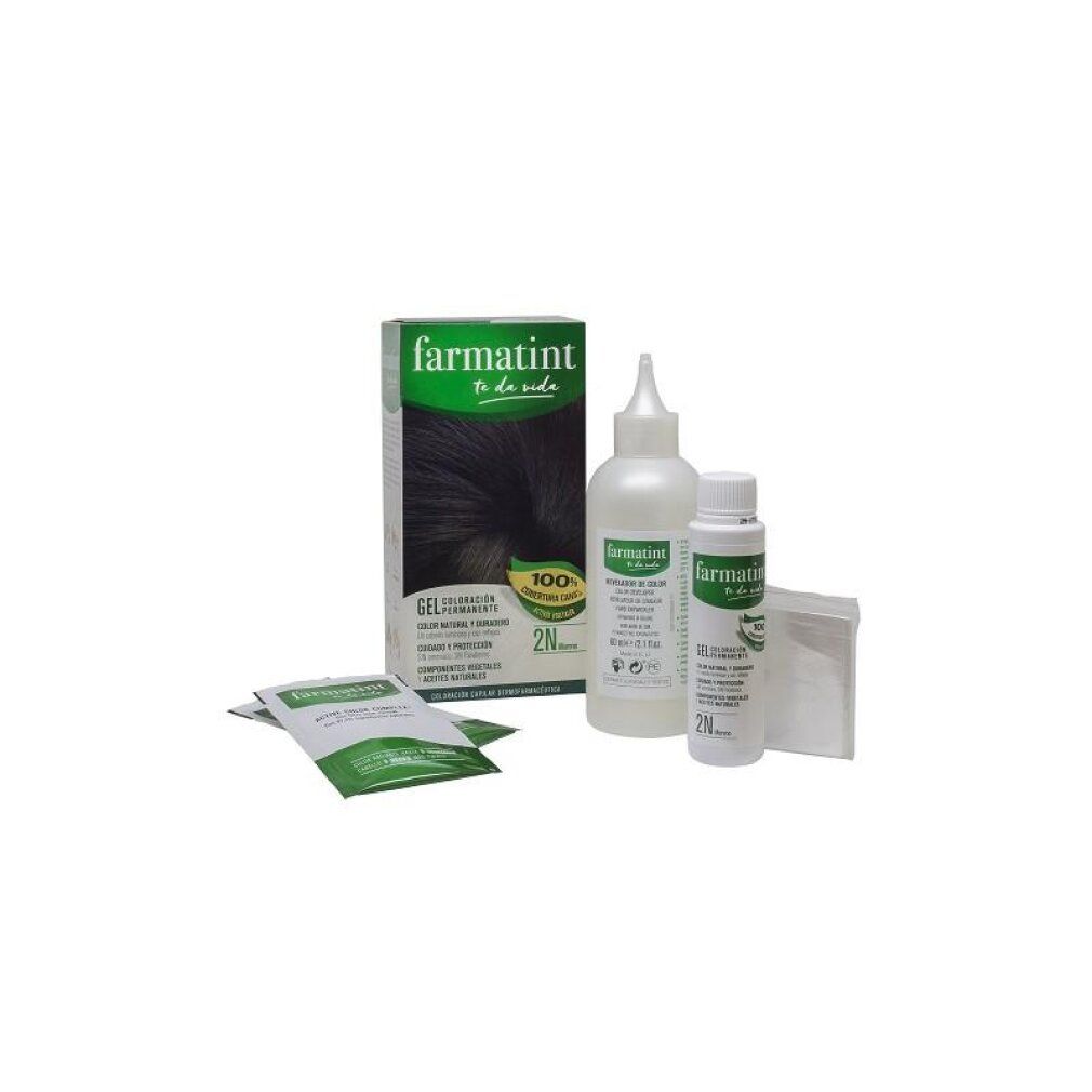 Farmatint Haarfarben-Set in Dunkelbraun (2N). Enthält Kartonverpackung, Applikatorflasche, kleine Flasche und Beutel.