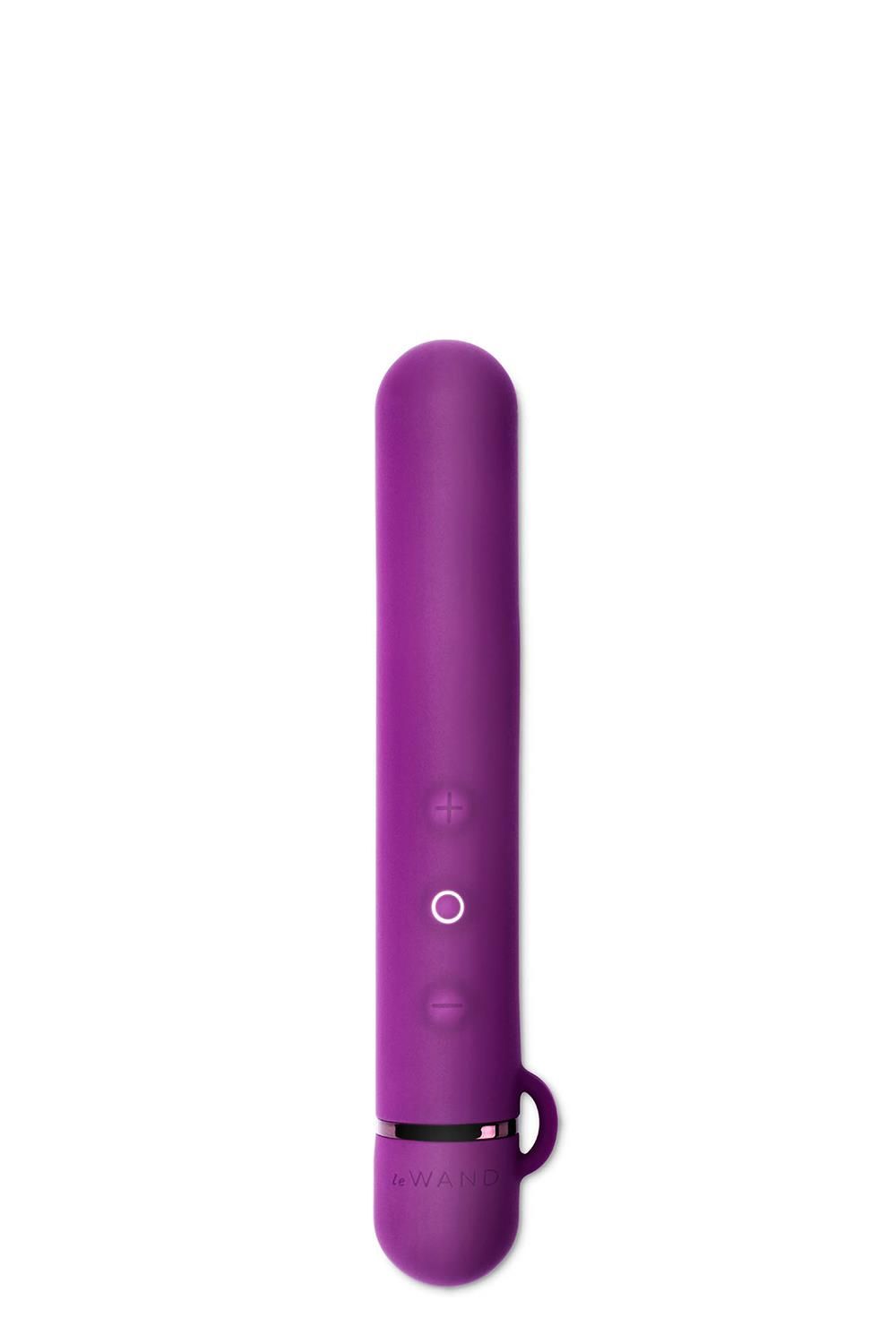 Lila Vibrator mit Bedienknöpfen und Ring am Ende. 
