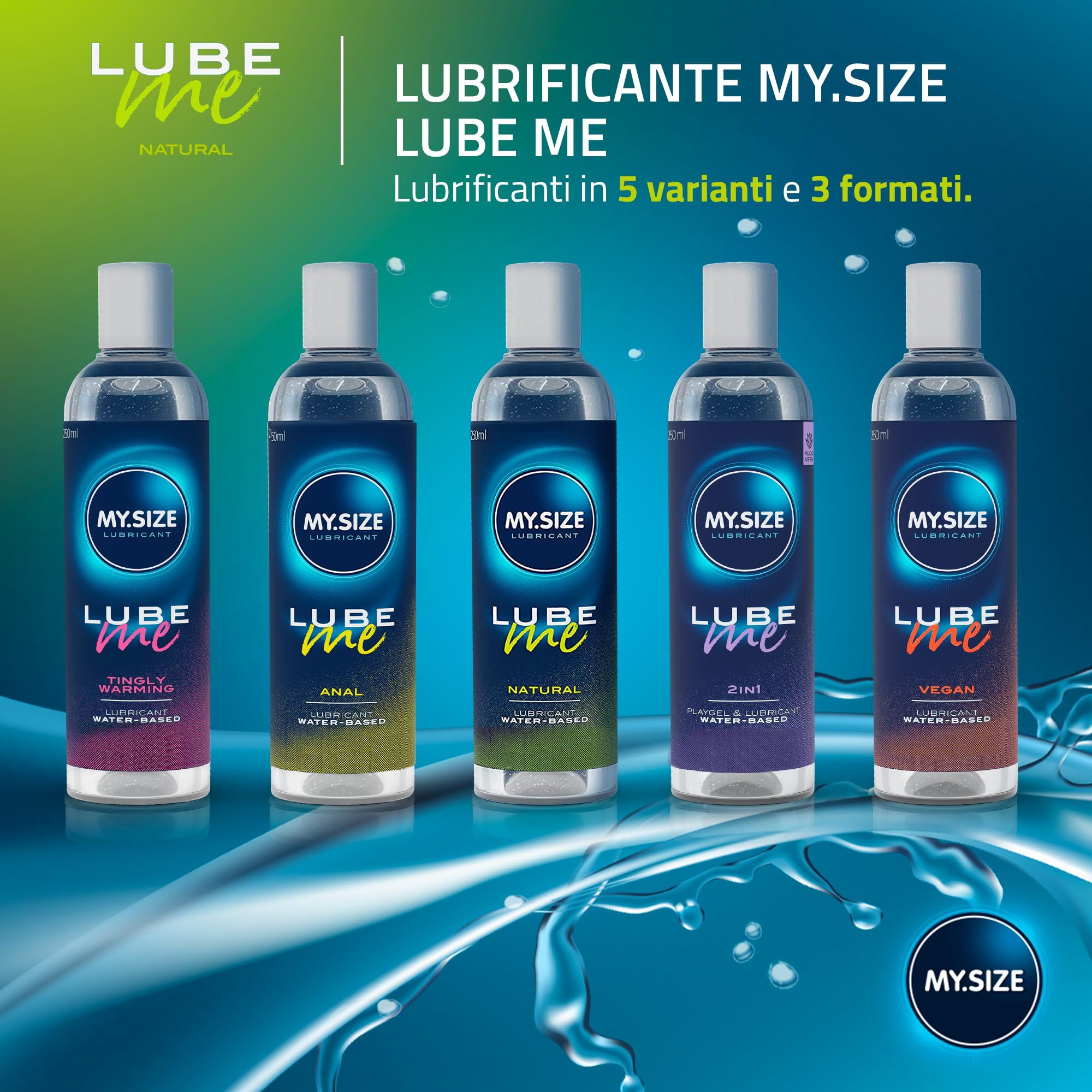 Fünf MY.SIZE Lube Me Gleitgel Varianten in Flaschen.