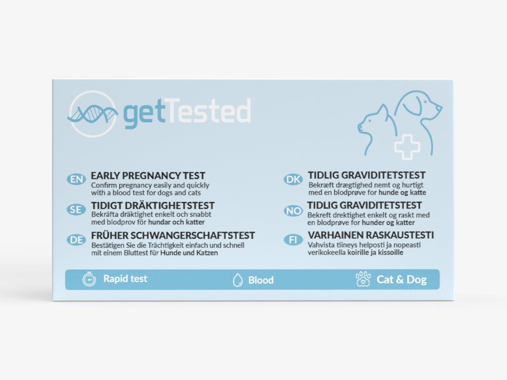 Hellblaue Produktverpackung mit dem Logo "getTested". Text: Früher Schwangerschaftstest für Hunde & Katzen. Enthält Informationen in mehreren Sprachen.