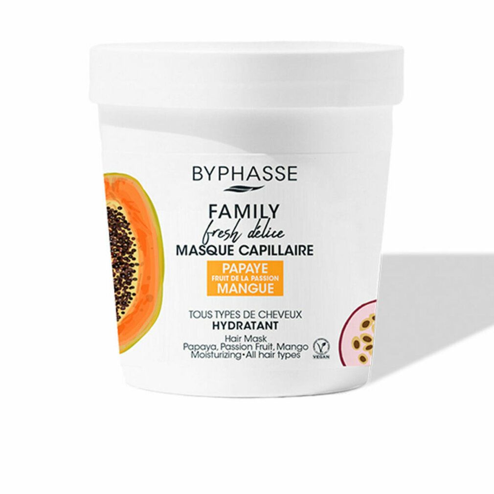 Weißer Behälter mit Papaya- und Mango-Haarmaske. Aufschrift: Byphasse, Family fresh délice, Masque capillaire, Papaye, Mangue.