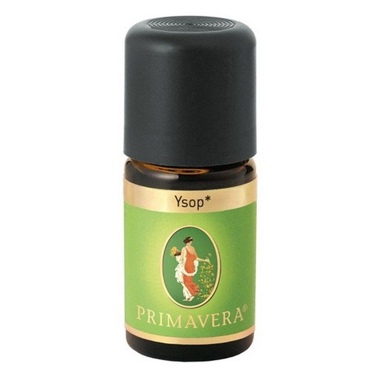 Braune Glasflasche mit schwarzem Deckel. Grün-weißes Etikett mit Produktnamen Ysop* und Primavera-Logo. Abbildung einer Frau.