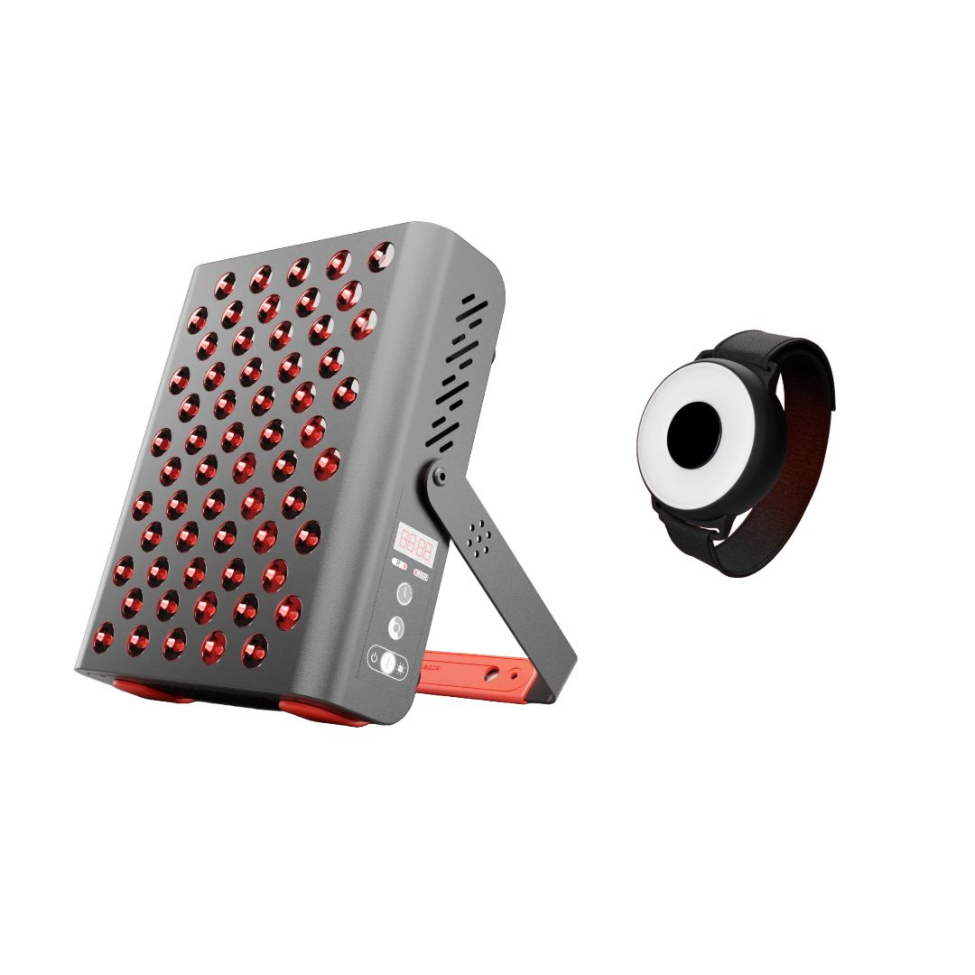 Graues Lichttherapiegerät mit rotem Licht und Armband. Das Gerät hat einen Ständer.
