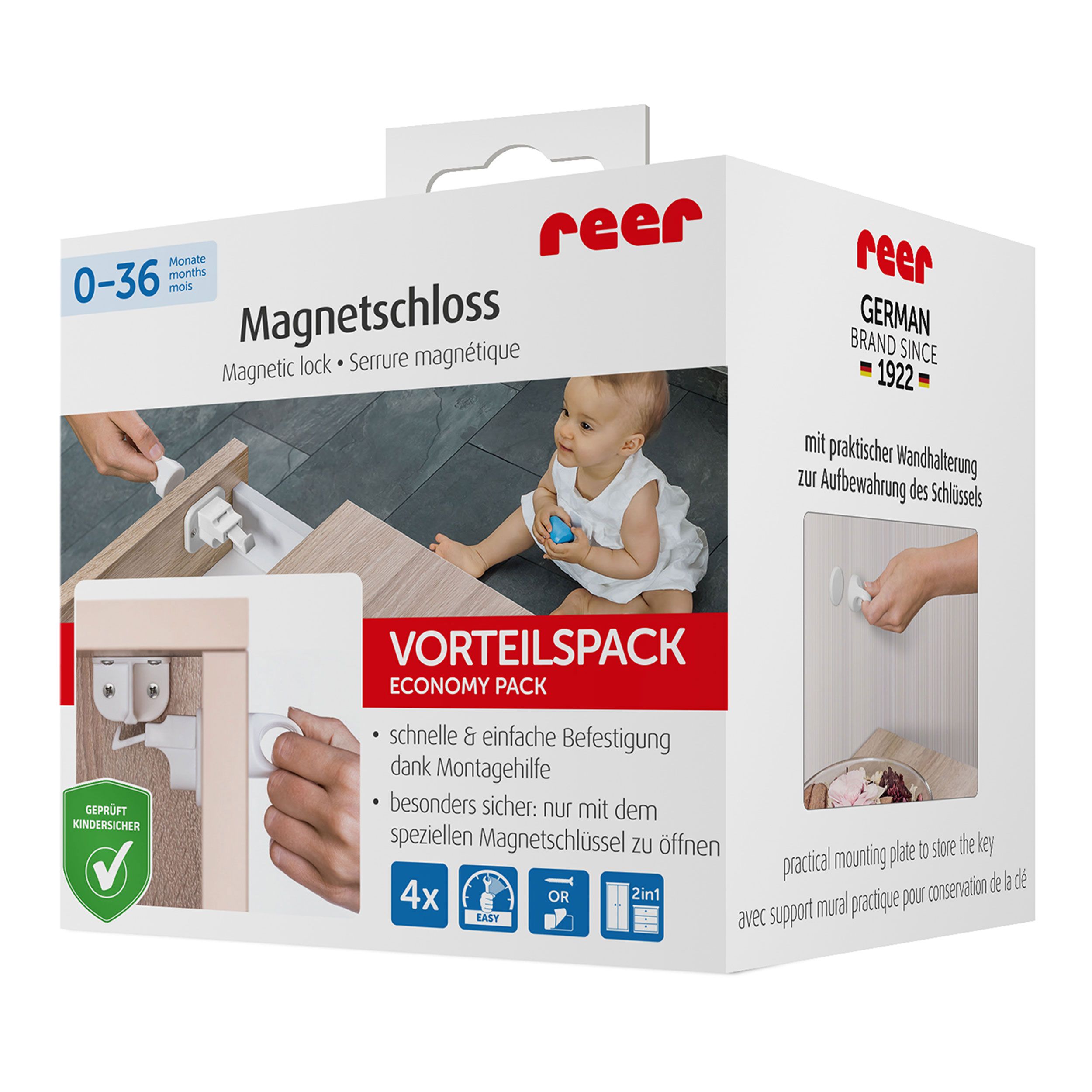 Verpackung mit Magnetschloss. reer-Logo. 0-36 Monate. Vorteilspack. Geprüft Kindersicher.