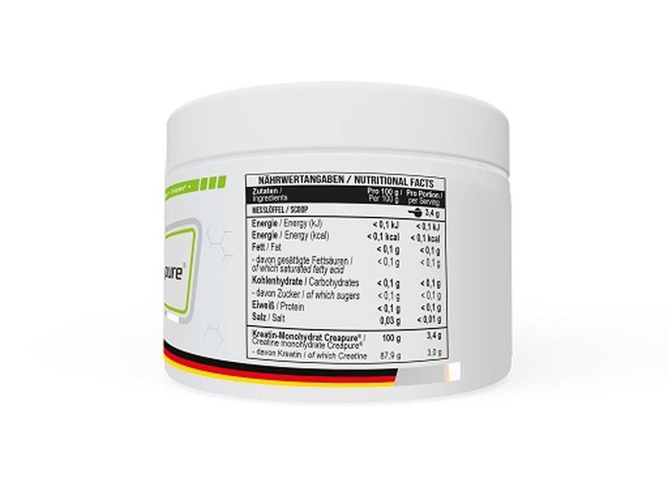 Weißes Behältnis mit Nährwertangaben. Etikett mit Informationen zu Energie, Fett, Kohlenhydraten, Eiweiß und Salz. Creapure-Logo.
