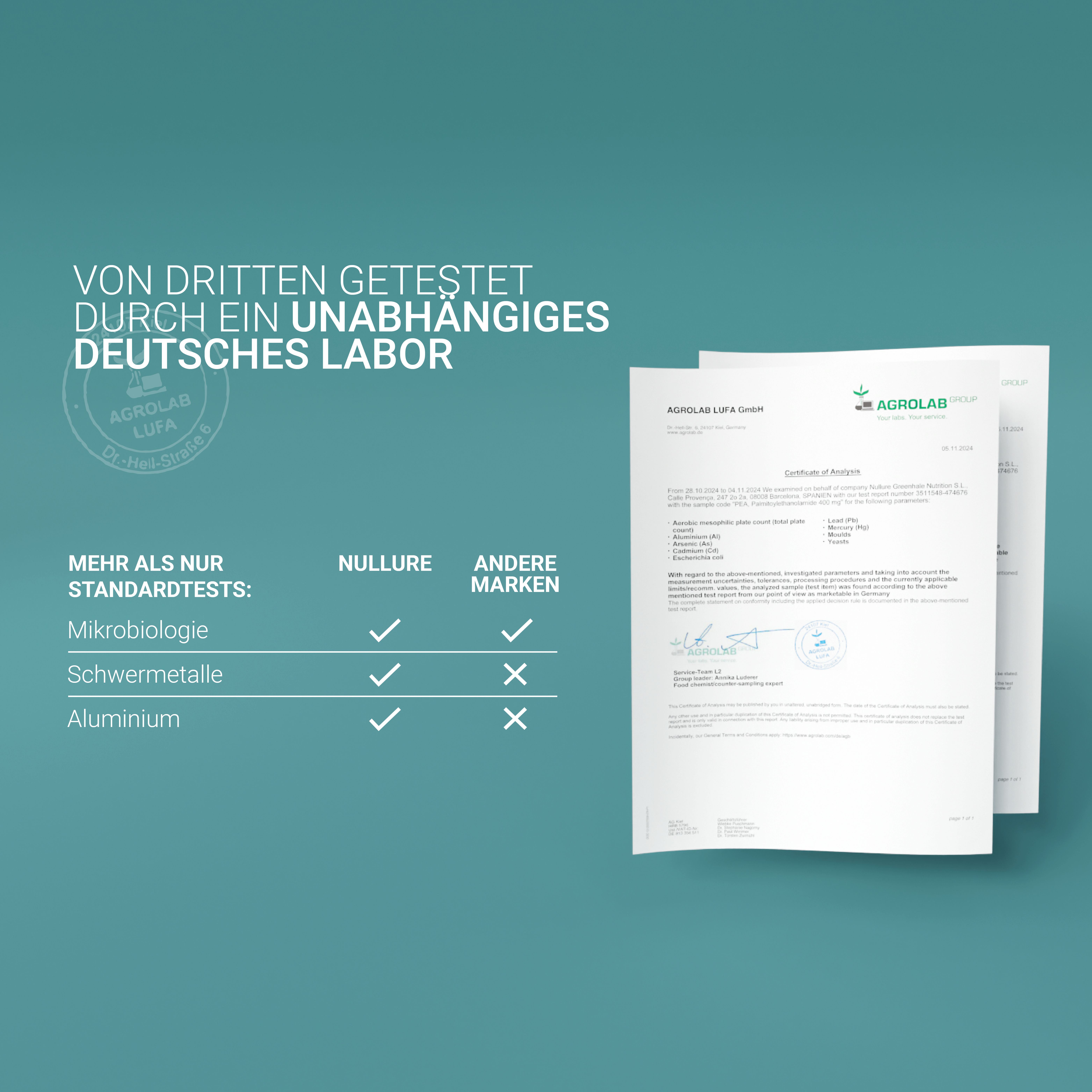 Zwei Blätter mit Text. Text: Von Dritten getestet durch ein unabhängiges deutsches Labor. Mikrobiologie, Schwermetalle, Aluminium.