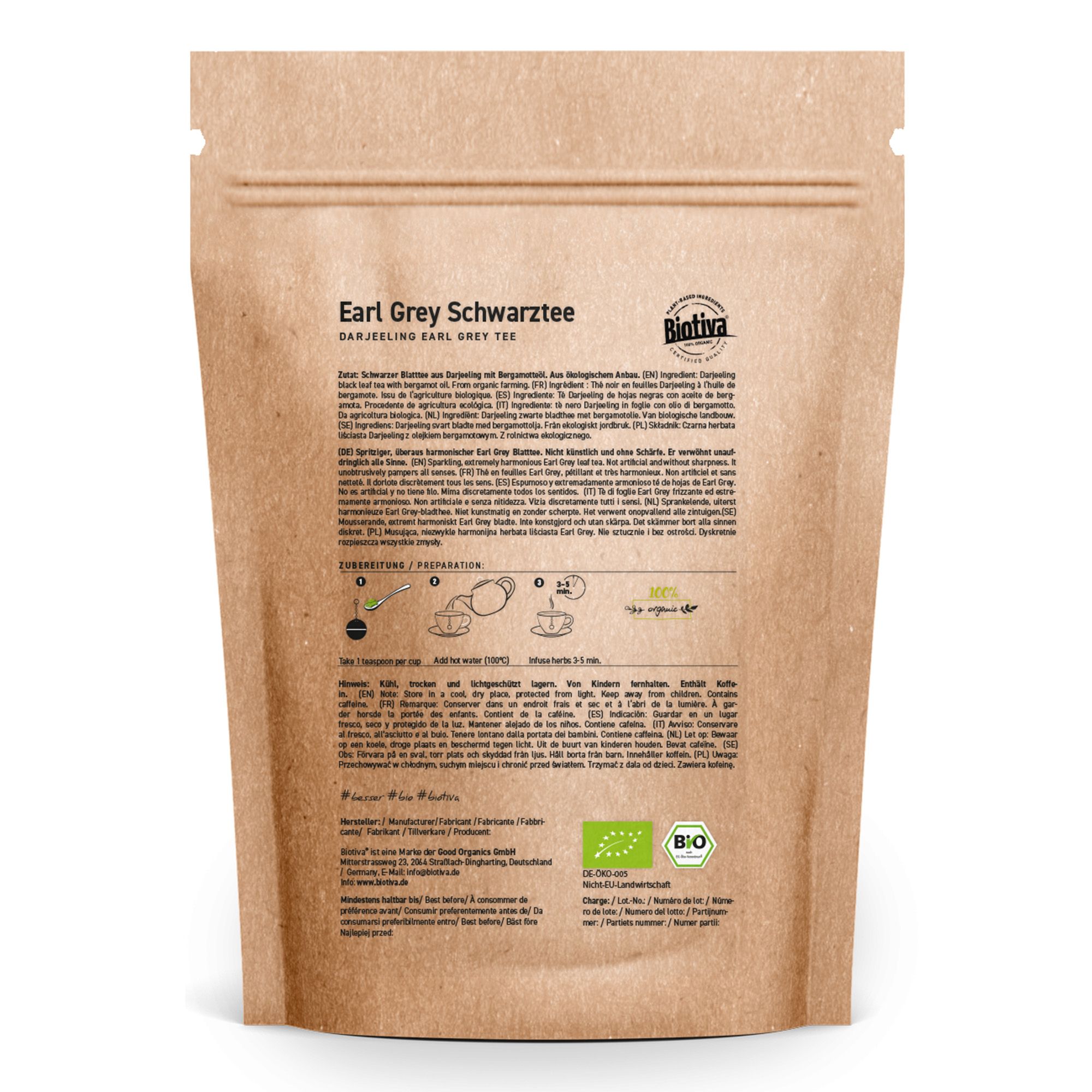Rückseite der Biotiva Darjeeling Earl Grey Schwarztee Bio Verpackung. Text in mehreren Sprachen, Zubereitungshinweise und Bio-Siegel.