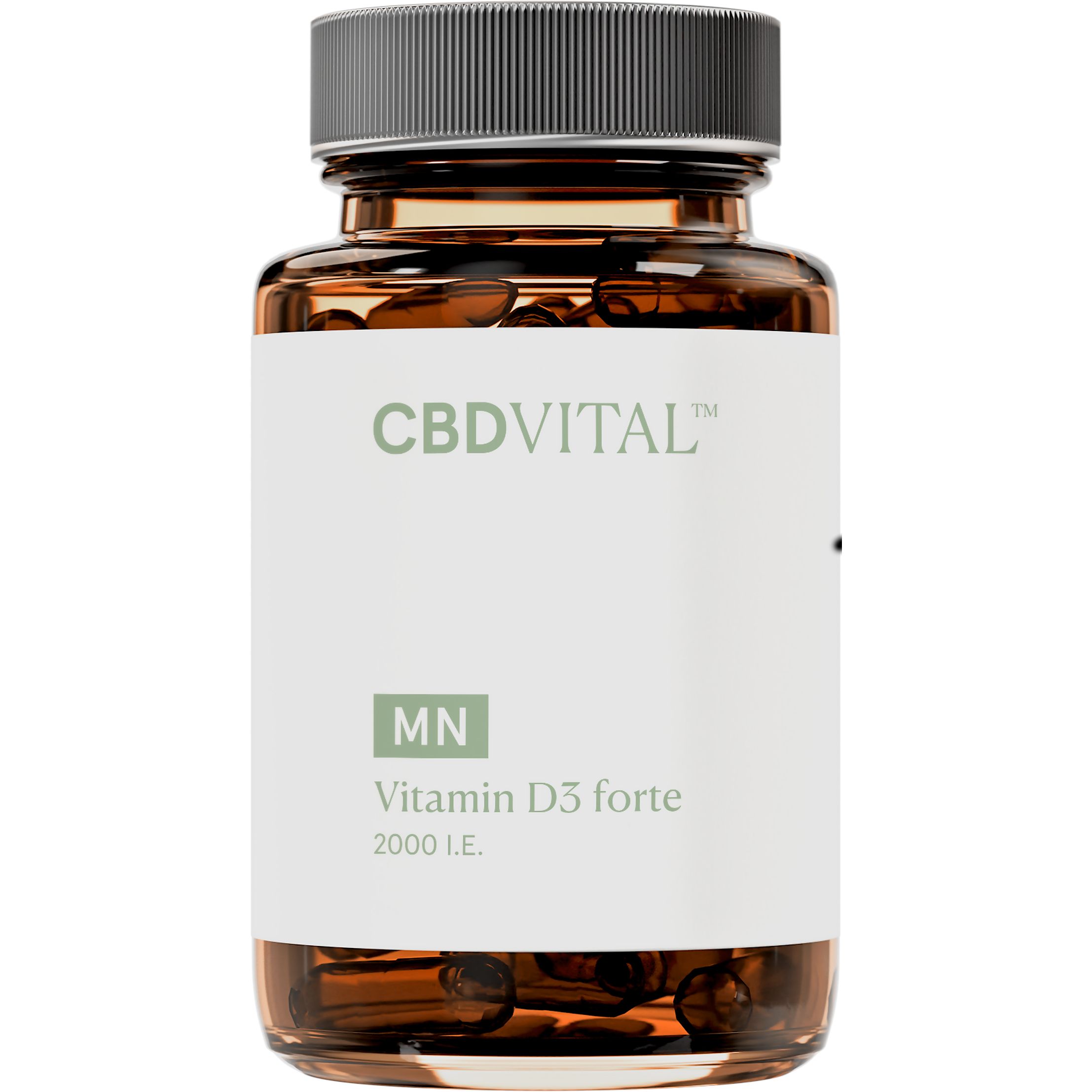 Braune Kapseln in einer braunen Glasflasche mit schwarzem Deckel. Aufschrift: CBD VITAL, MN, Vitamin D3 forte, 2000 I.E.
