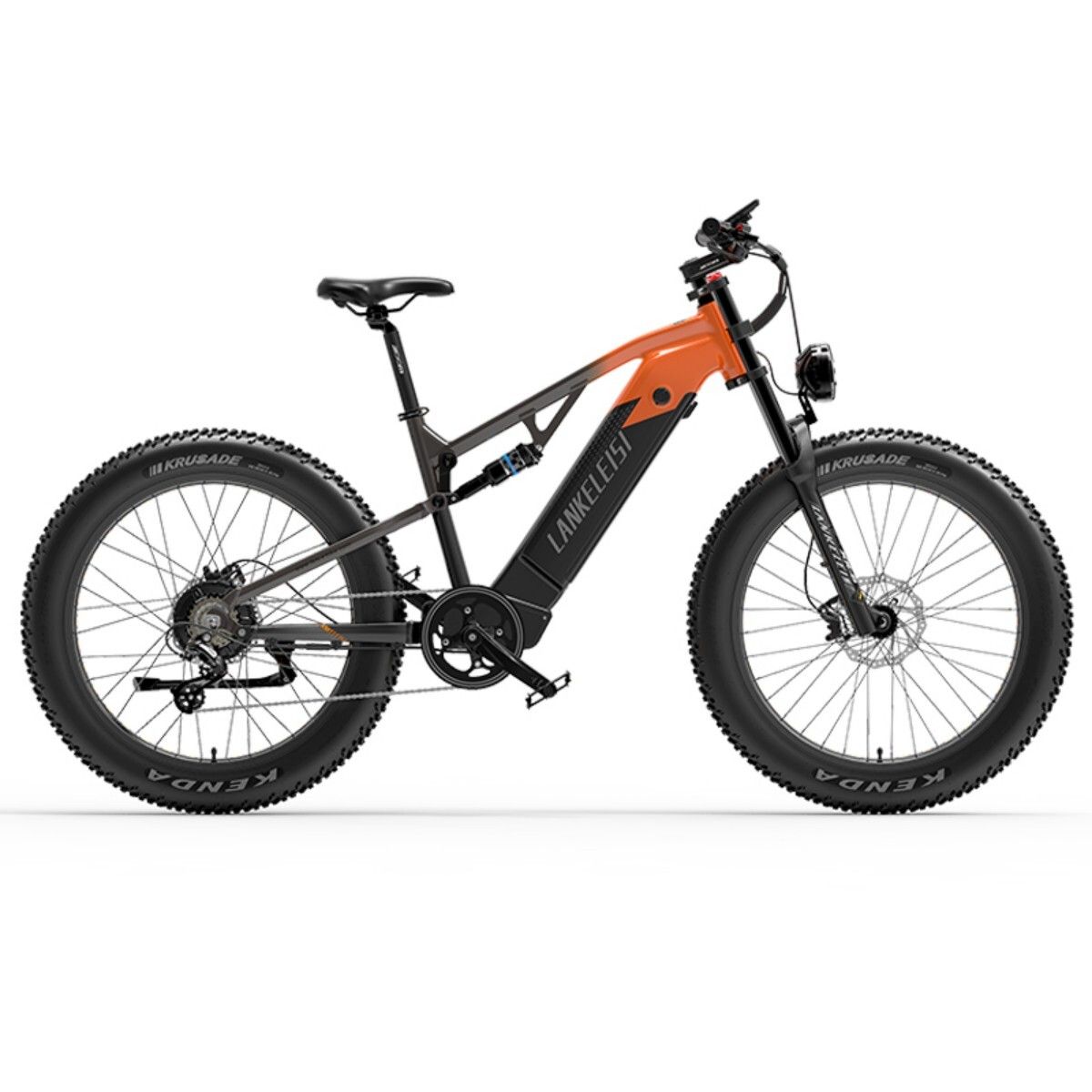 E-Mountainbike Lankeleisi RV800 Plus. Schwarz-orangefarbenes Design. Große Reifen. Marke Lankeleisi.